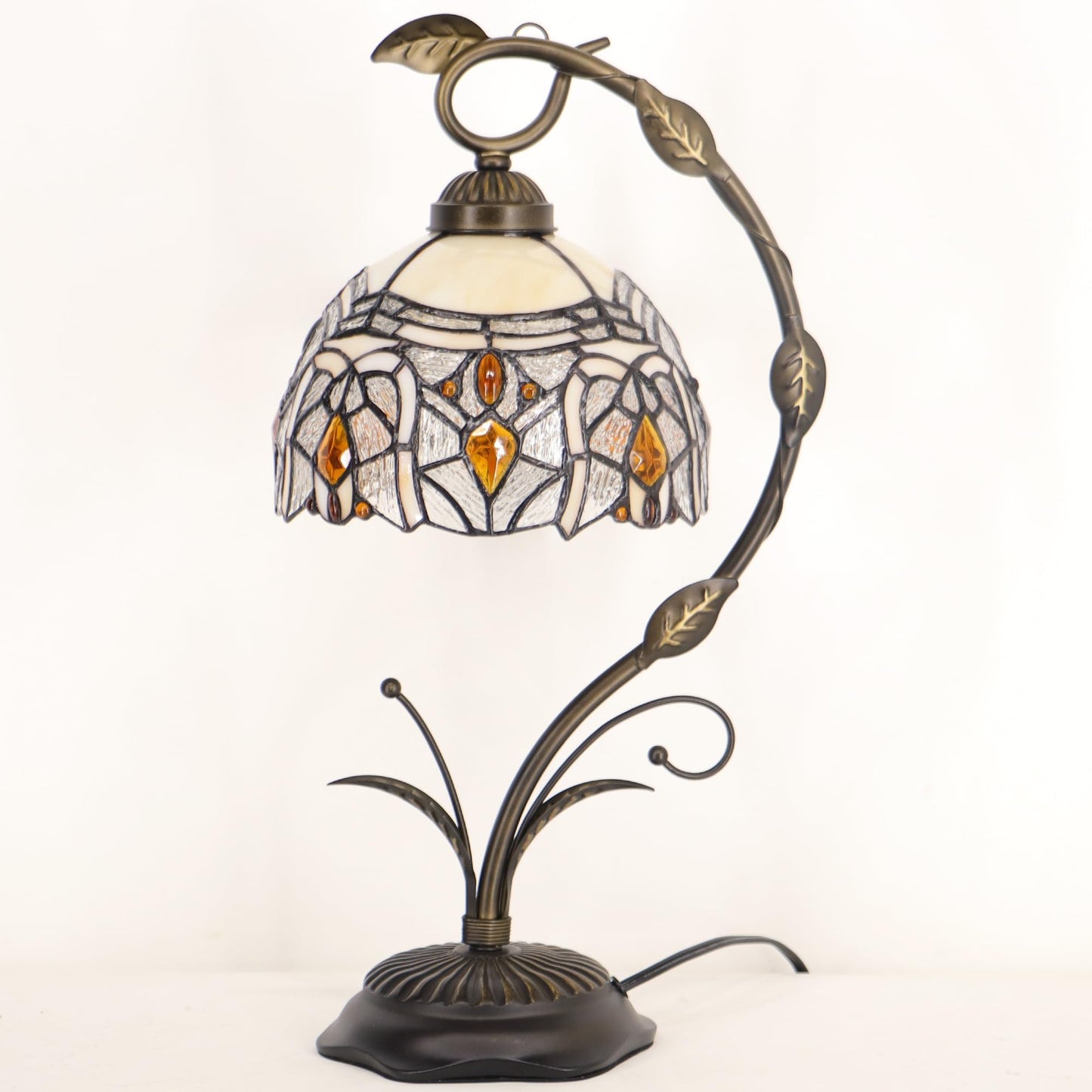HZYFFYU Tiffany Lamp Stained Glass Table Lamp Metal Leaf Base 8X10X19 Inch Reading Desk Light (Crystal Style)