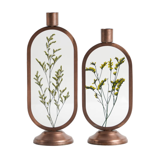NIKKY HOME Nature Botanical Taper Candle Holders Set of 2, Vintage Decorative Metal Candlesticks Oval Frame with Glass Centerpieces Decor for Dining Room Table Wedding Party Mantle Fireplace