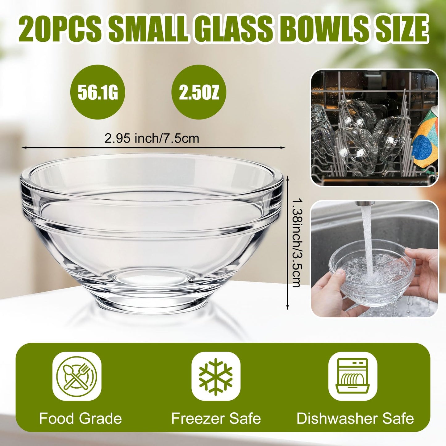 Zhehao 20 Pcs 3 Inch Small Glass Bowls 2.5oz Mini Prep Dipping Bowls Stackable Sauce & Condiment Cups Ingredient Containers for Kitchen Snacks, Spices, Meal Prep