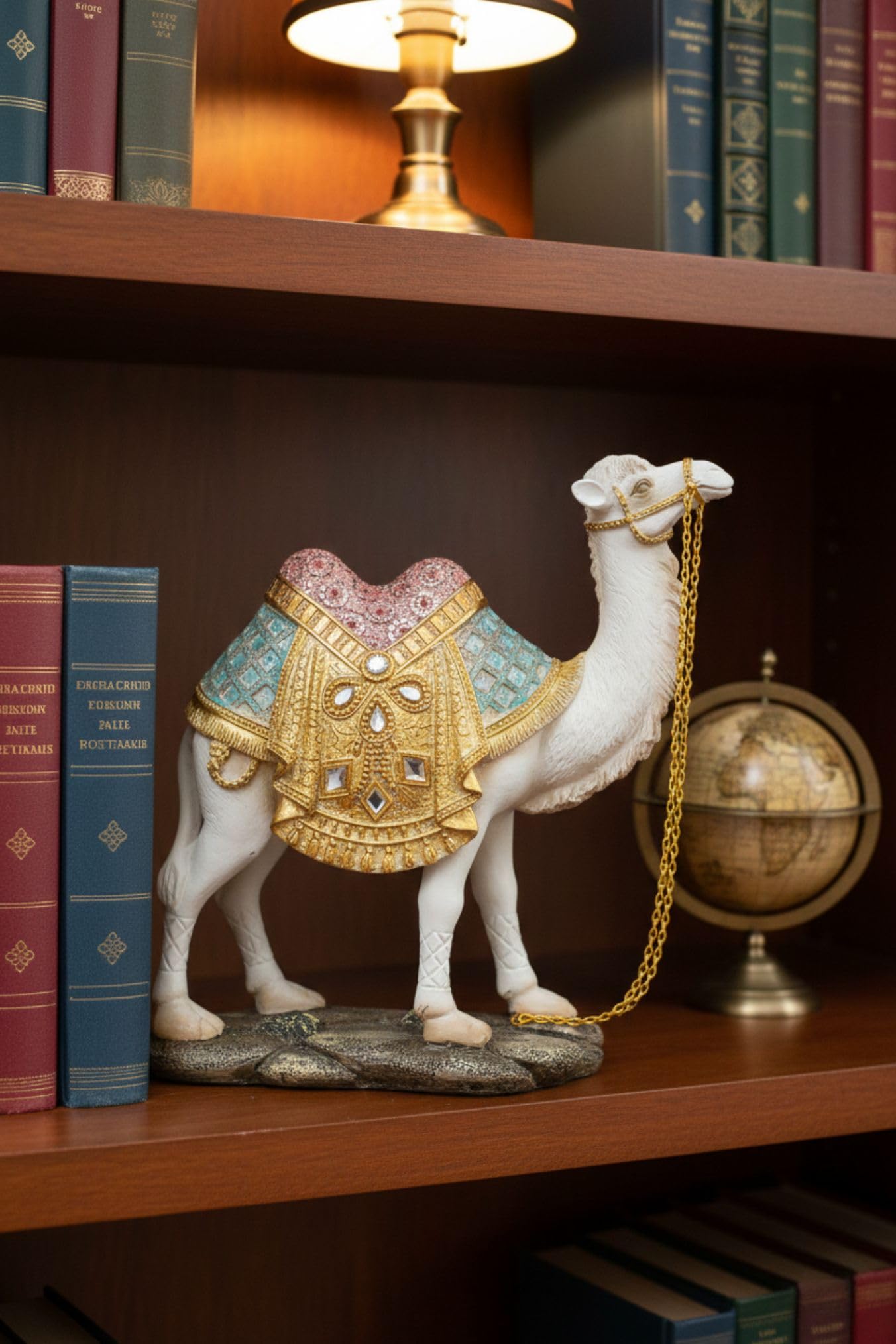 Ornate White Camel Figurine — Decorative Resin Camel Statue with Gold Embellished Saddle & Chain — Luxury Home Décor Accent for Mantel, Shelf, Tabletop (7 × 2.5 × 7.75 in, 1 lb)