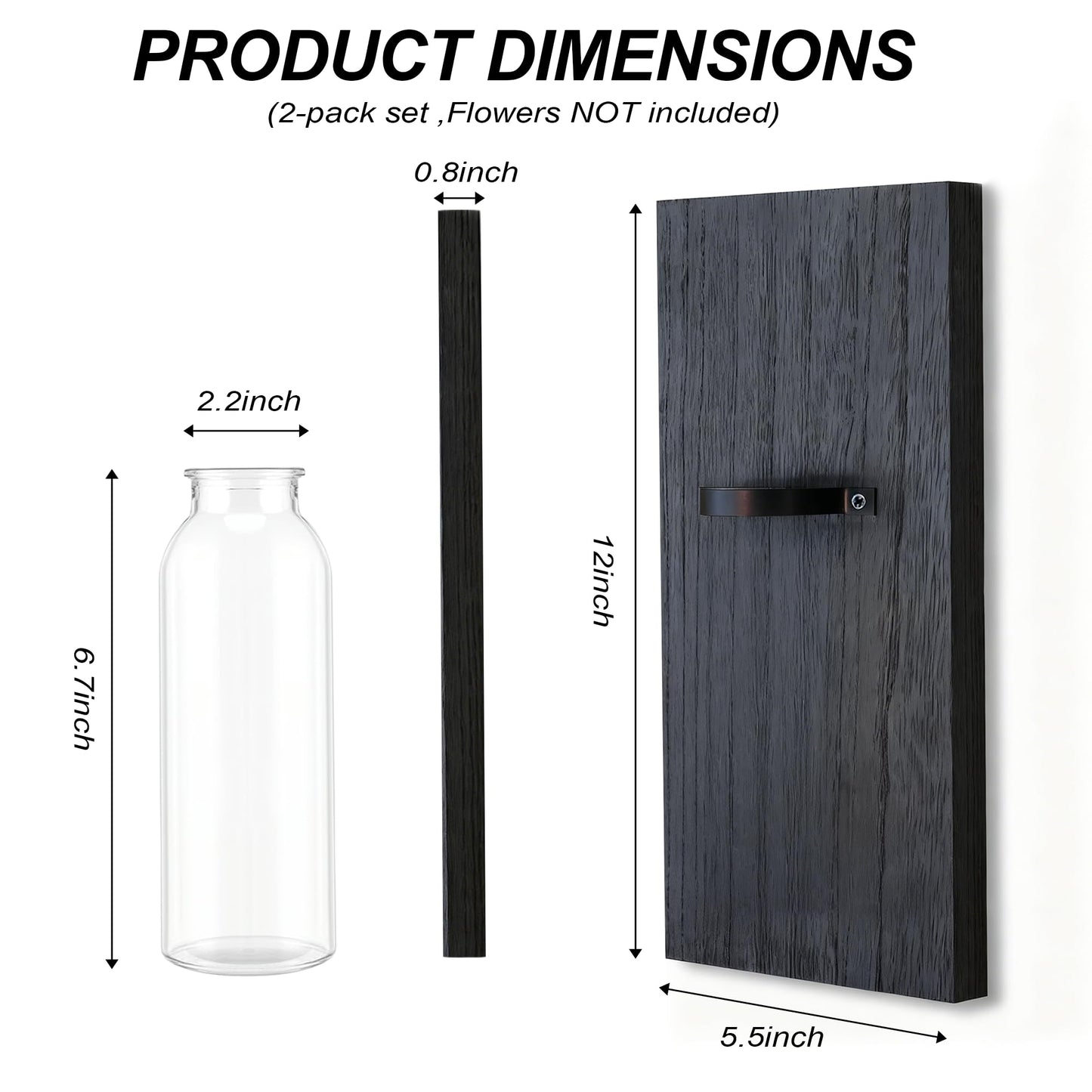Heiple 2 Pack Wall Planters for Indoor Plants, Wood Glass Decor for Bathroom, Bedroom Living Room, Modern Farmhouse Wooden Pocket Wall Vases for Dried Flowers and Plastic Plants (Black)