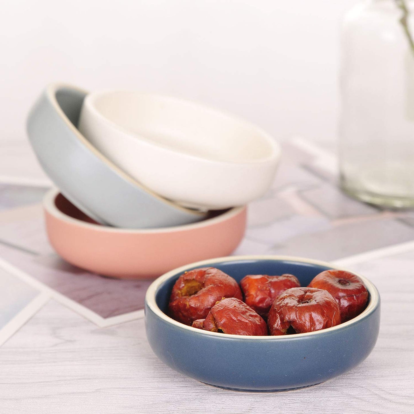 WHJY 3.5 inches Set of 4 Ceramic Sauce Dishes Side Dish Sushi Dipping Bowls, Matte Glaze Porcelain Tableware Serving Dish Appetizer Plates Stackable Ramekins