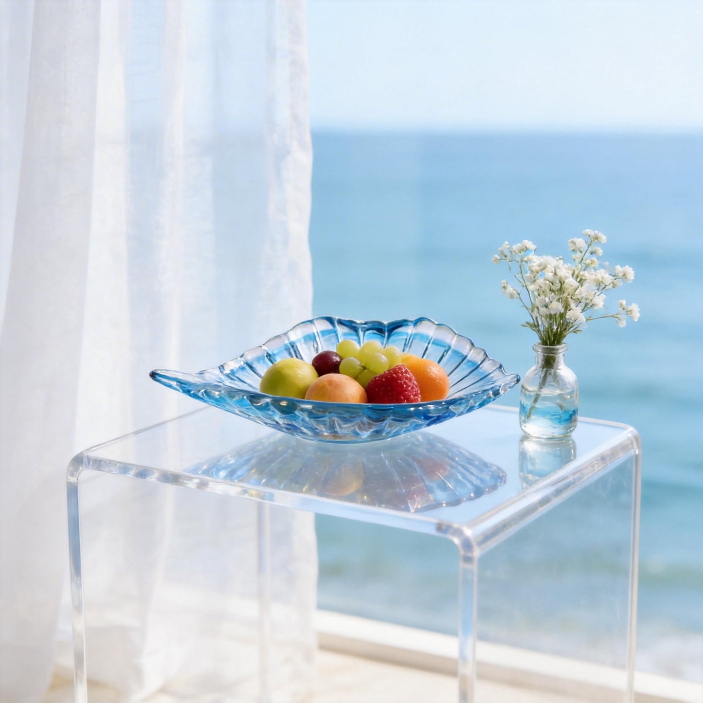 DOVDOV Hand blown decorative glass bowls, Blue large glass fruit bowls, and serving platters perfect for display on coffee tables, dining tables, kitchen countertops, TV stands, and entryway shelves.