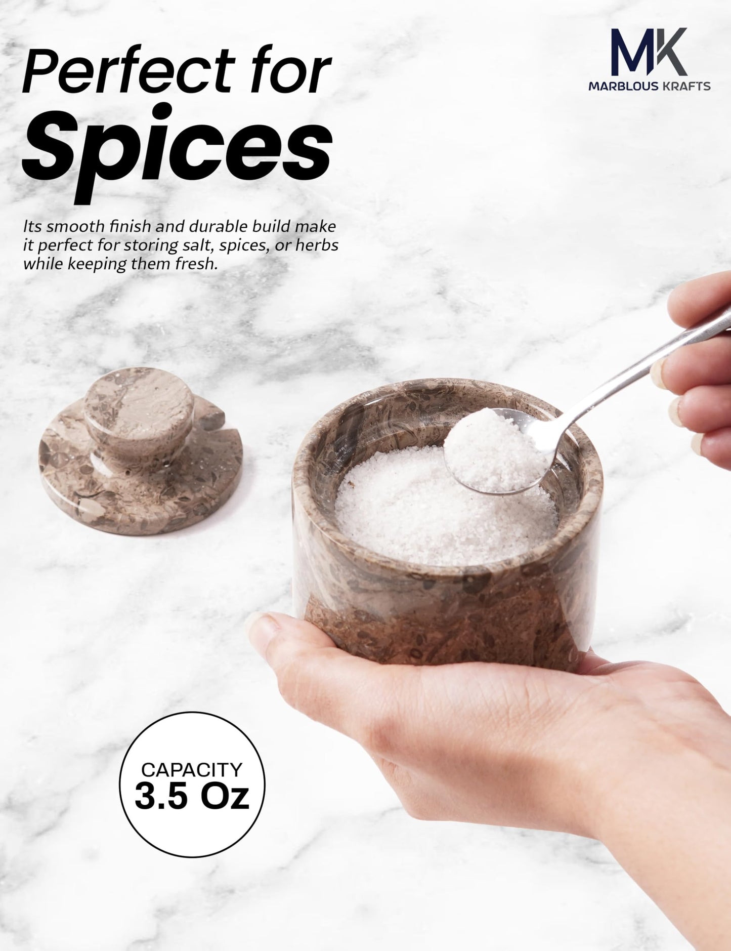 MARBLOUS KRAFTS Marble Salt Cellar Oceanic 3" Flaky Salt Dish for Countertop Ideal Spice Box, Candy Bowl, Brown Sugar Jar with Lid and Spoon, Kitchen Storage, Ideal Mother’s Day Gift for Mom
