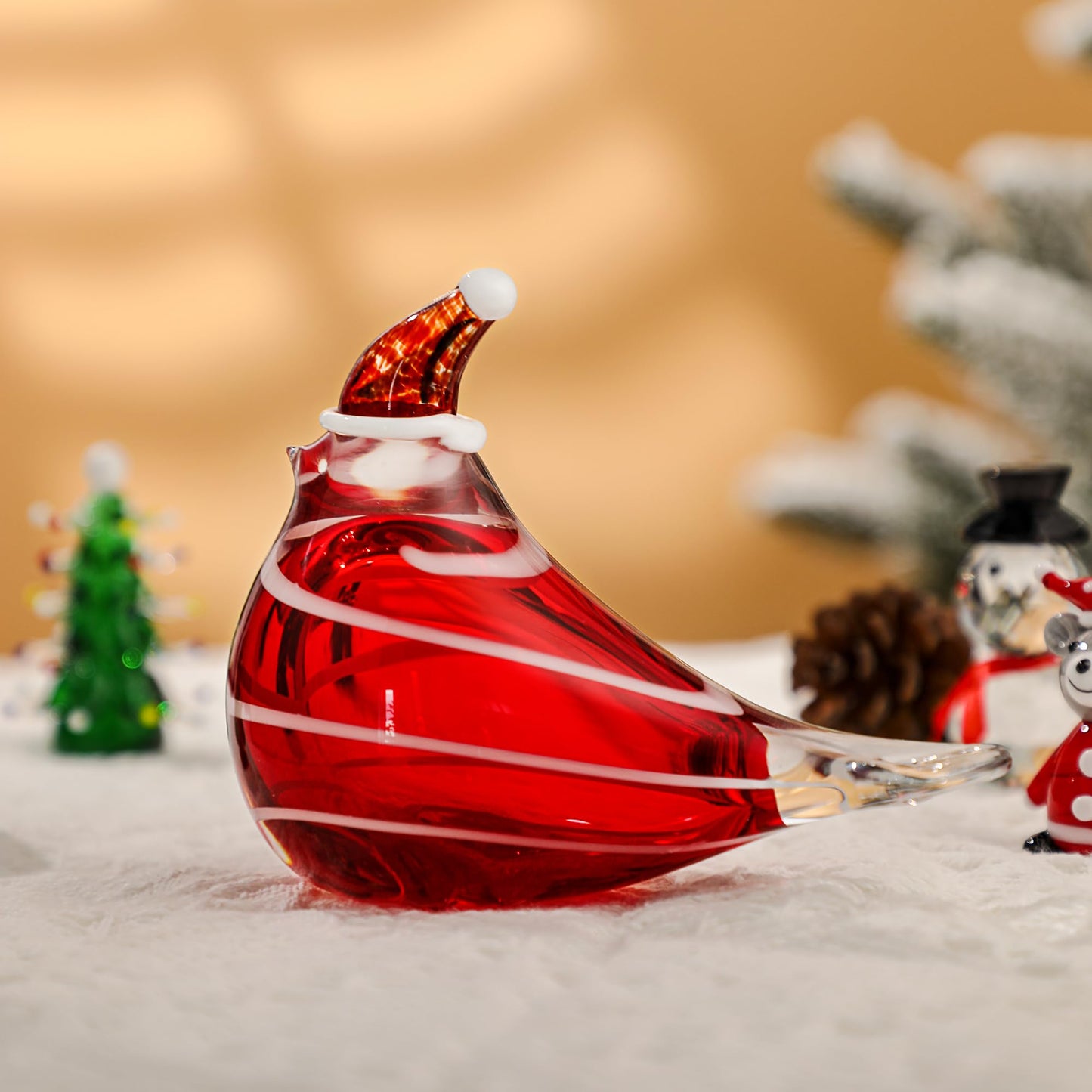 QFkris Hand Blown Glass Cardinal Bird Figurine Christmas Bird Figurines, 5" Art Crystal Birds Christmas Ornaments for Christmas Home Decoration Cardinal Paper Weight Collectible