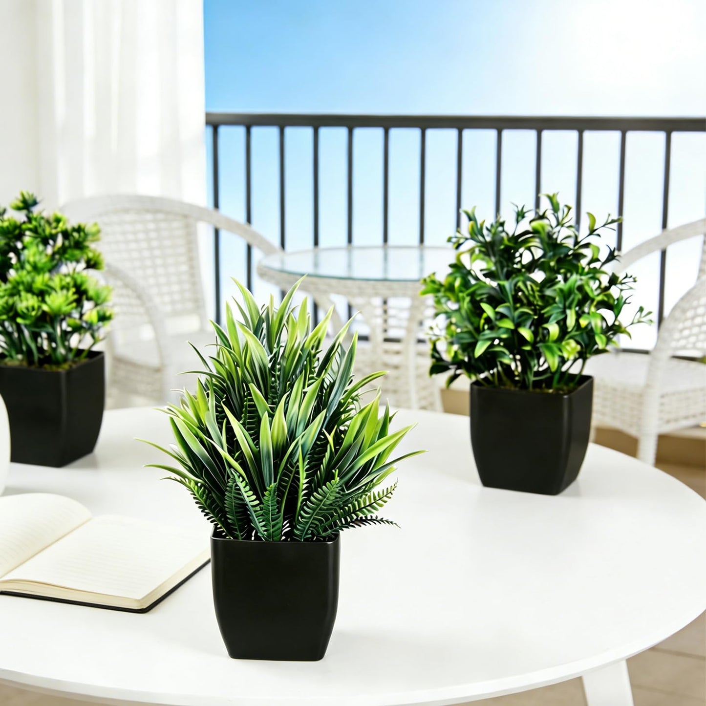 12 Pack Fake Plants in Black Pots, Mini Artificial Eucalyptus Potted Plants, Small Realistic Faux Greenery Fern Plants for Living Room, Bathroom, Office Table Decor