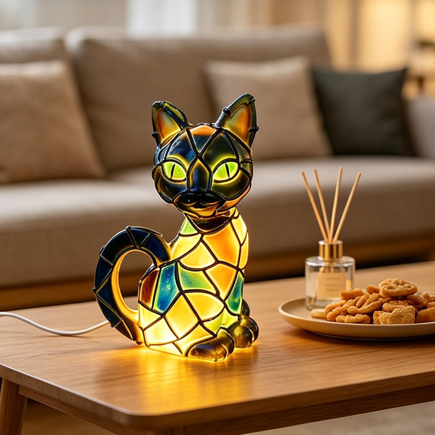 Yinhamnl Cat Lamp, Cats Series Art Night Light, Retro Stained Resin Tabletop Night Light, 3D Cute Pet LED Table Lamps, Fun Gift for Cats Lover (AA)