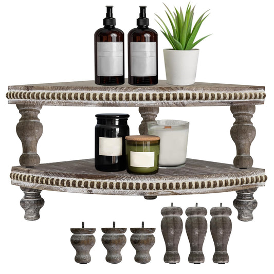 MAONAME Vintage Brown Corner Pedestal Stand, Rustic Decorative Riser for Display, Farmhouse Wood Corner Counter Shelf with Beaded, Set of 2