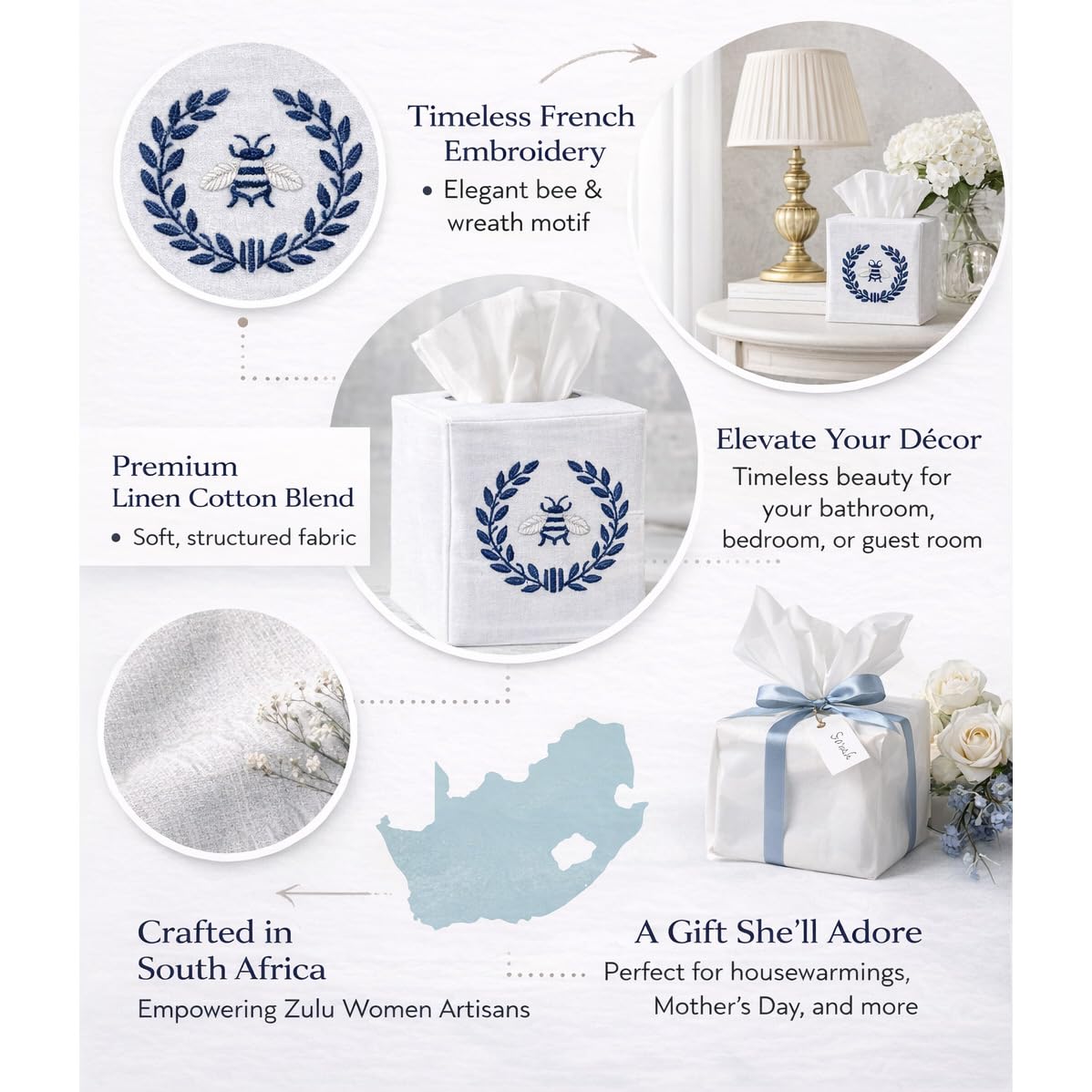 Jacaranda Living Square Tissue Box Cover, Linen/Cotton Fabric Tissue Holder, Decorative Cloth Tissue Cube Cover, Embroidered Bee Designs, Napoleon Bee Wreath (White)