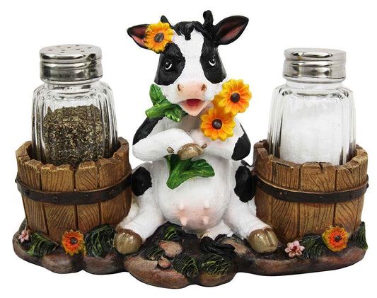 Ebros Set Of 2 Sunflower Bovine Cow With Two Country Barrels Decorative Glass Salt And Pepper Shakers Holder Resin Figurine Milking Cow Country Barrel Statue Kitchen Decor