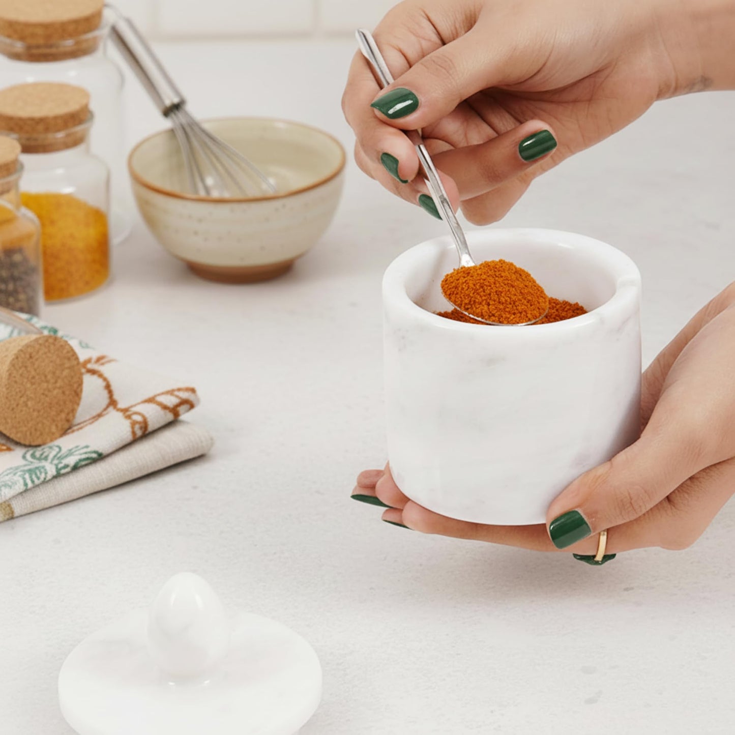 Marble Salt Cellar with Lid – White 4 Inch Table Salt Container, Salt Jar, Salt Dish, Salt Holder, Spice Jar, Sugar Bowl, Seasoning Container, Salt Dispenser for Kitchen Countertop