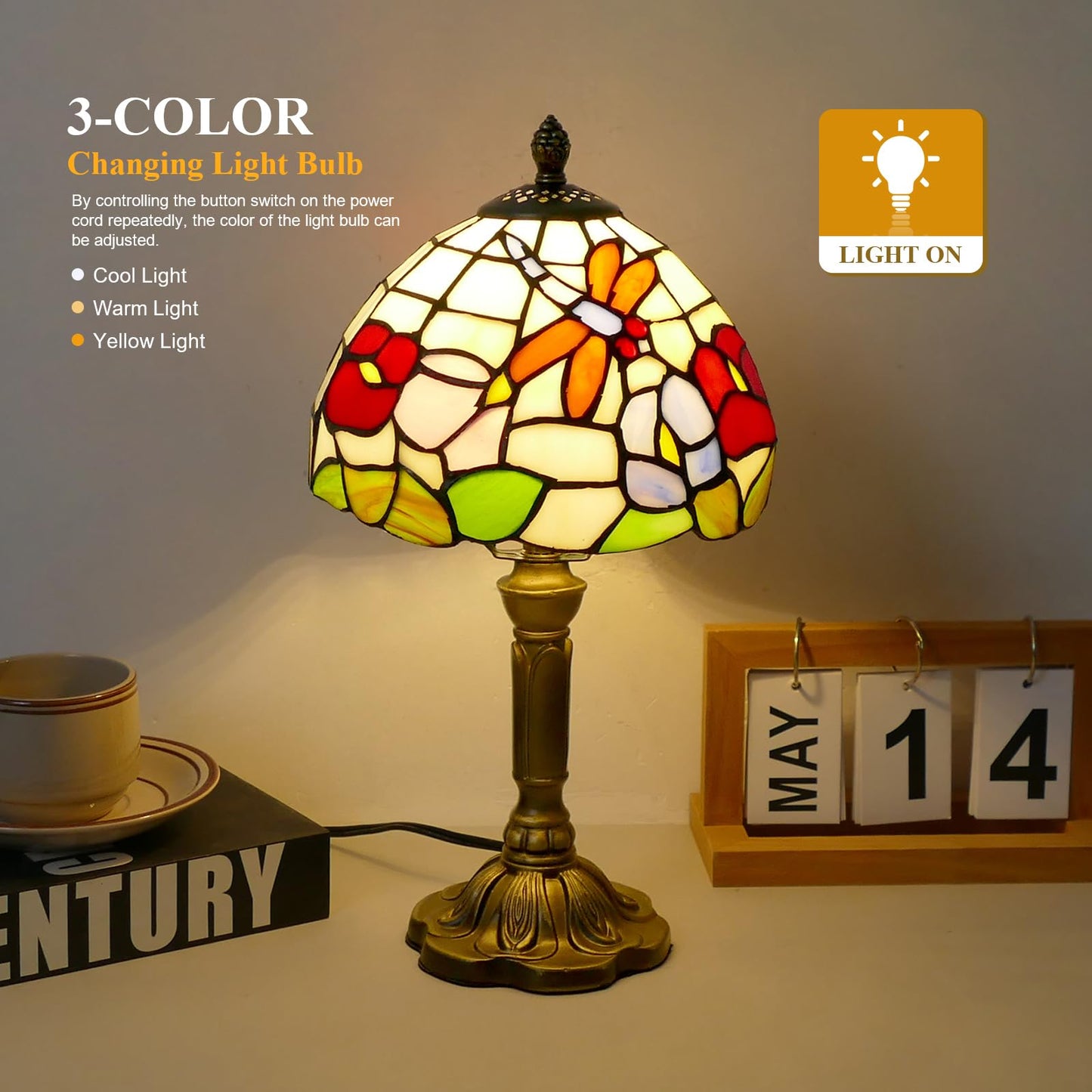 VirtueKing Tiffany Table Lamp Beautiful Dragonfly and Flower Style Lamp Handmade Stained Glass Desk Lamps Gifts Resin Base 14.2" Tall Vintage Reading Lamp for Office,Living Room, Bedroom, Study Room
