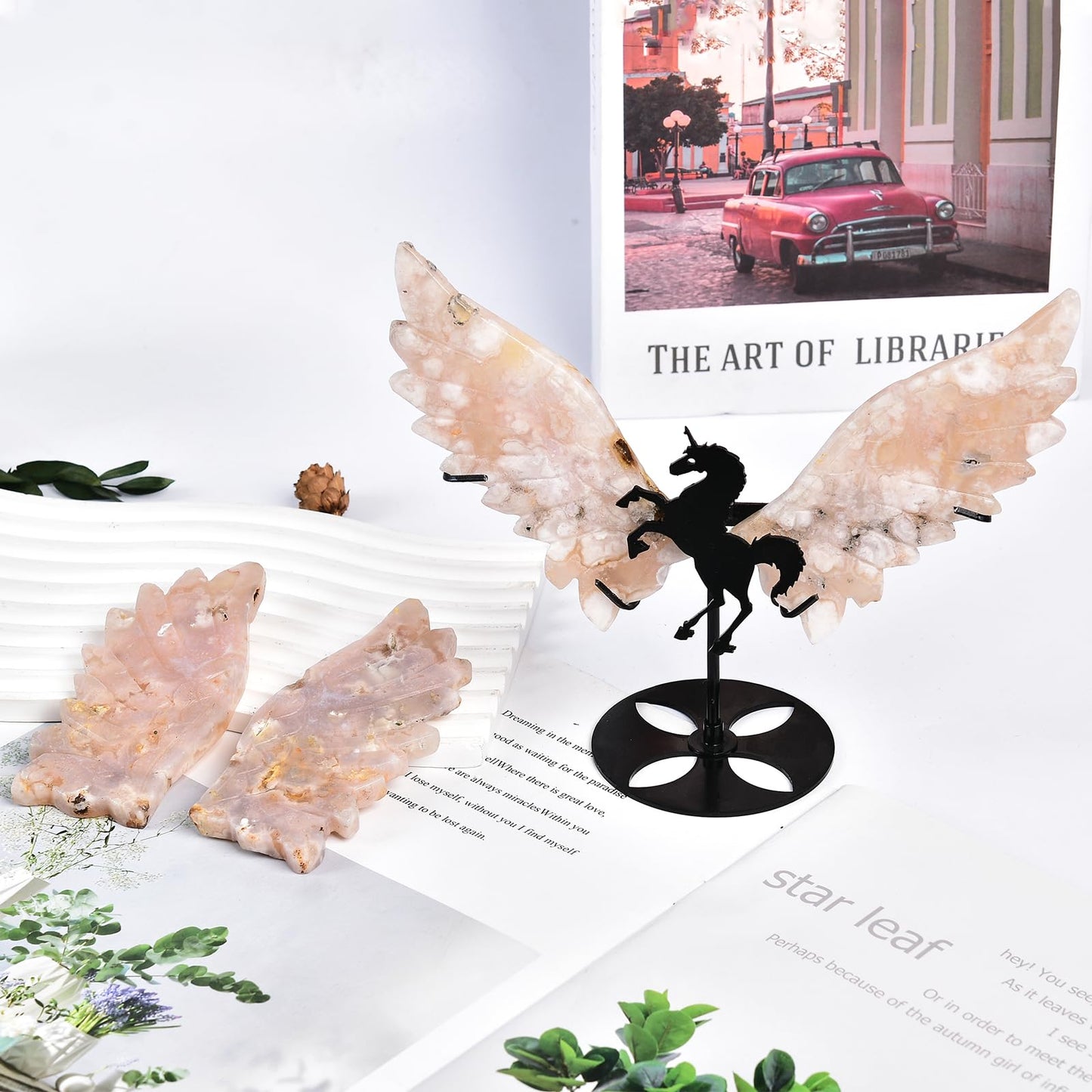JIC Gem Large Sakura Agate Quartz Crystal Carved Wings with Unicorn Stand Healing Crystal Energy Gemstone Decoration Gifts(1pair)