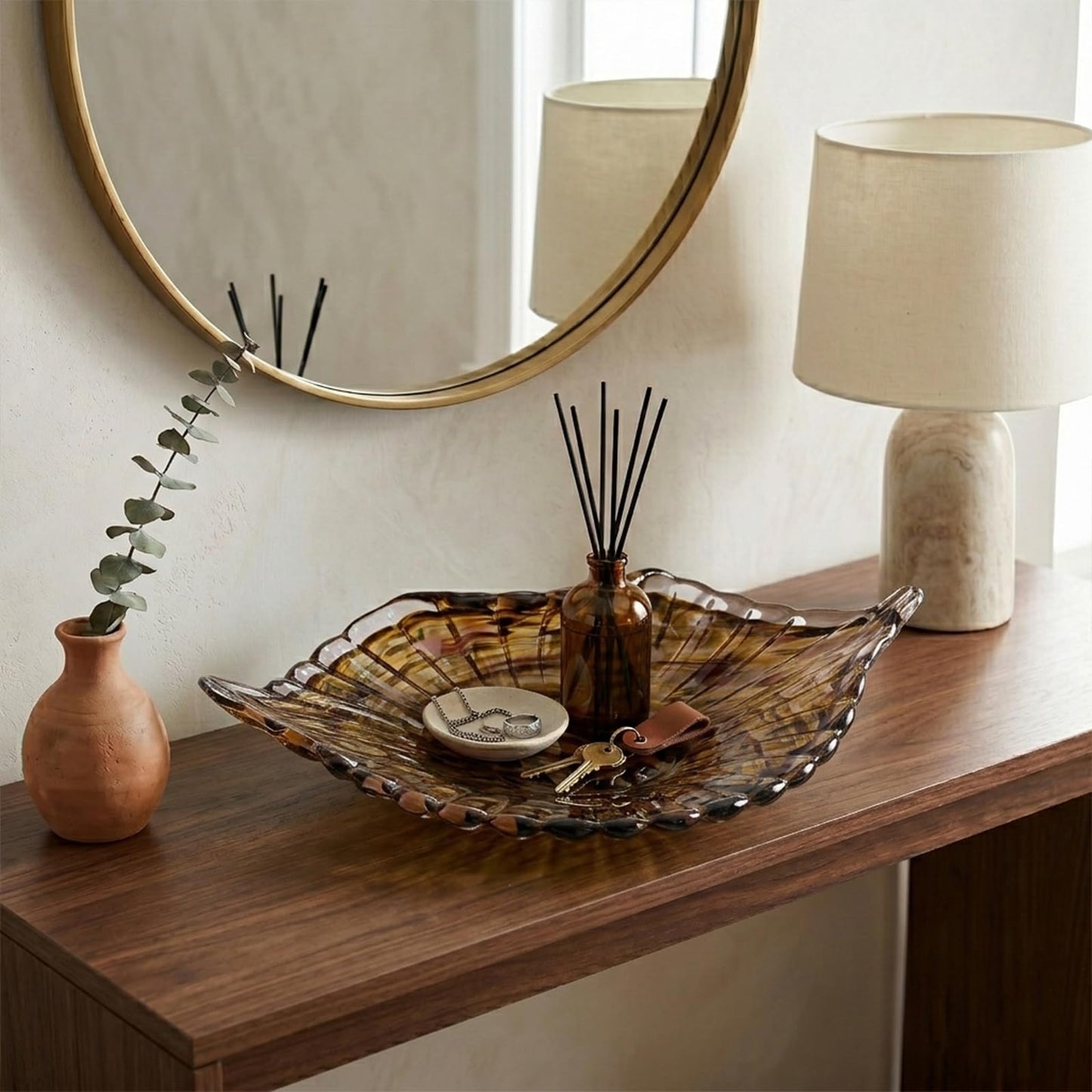 LCCCK Large Hand Blown Glass Seashell Bowl, Pretty Leaf Display Candy Dish, Coastal Decorative Bowls for Home Decor, Unique Blown Glass Art for Kitchen Counter Fruit ou Office Candy Dish