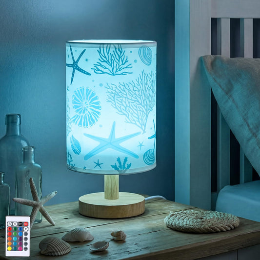 VIHOSE Ocean Table Lamp Beach Starfish Seashell Blue Night Light with Wood Base, 16 Color Dimmable Led, Fabric Shade Bedside Desk Lamp for Living Room Bedroom Home Decor Office Birthday Gifts