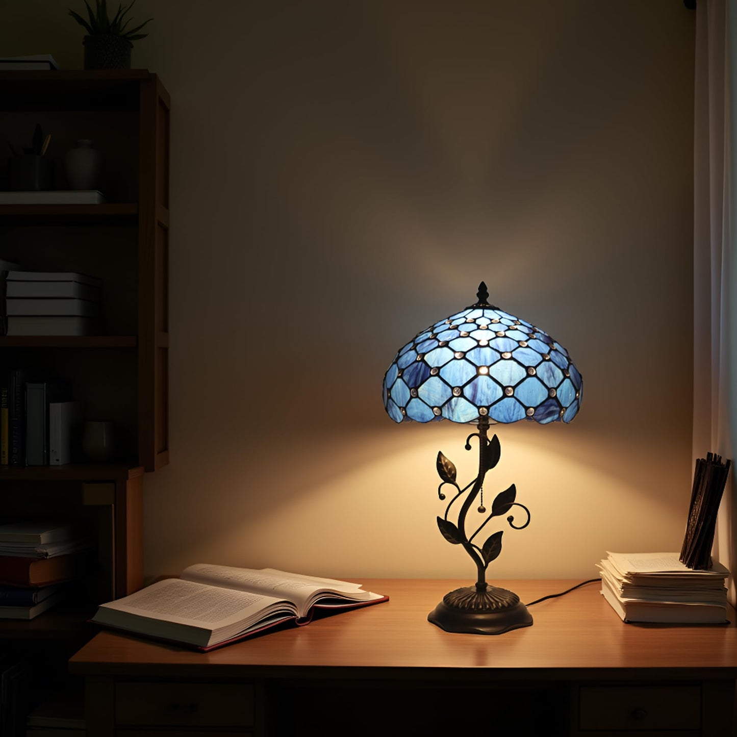 HWDFEI Tiffany Table Lamp, Stained Glass Style Desk Lamp, 12X12X19 Inch,Bedside Reading Light, Metal Leaf Base（Blue Beads Style