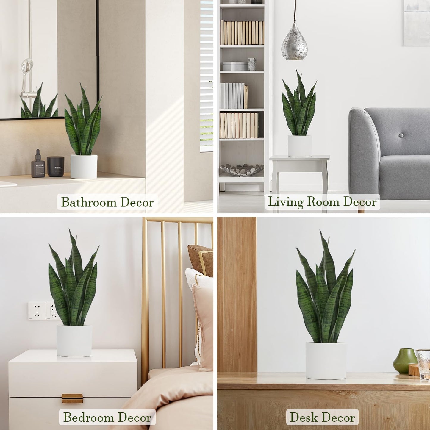 Anewsun Faux Plants, Artificial Snake Plant Set of 2, Faux Snake Plant with Pure White Ceramic Pots, Fake Sansevieria for Home Decor Indoor, Office, Living Room, Housewarming Gifts