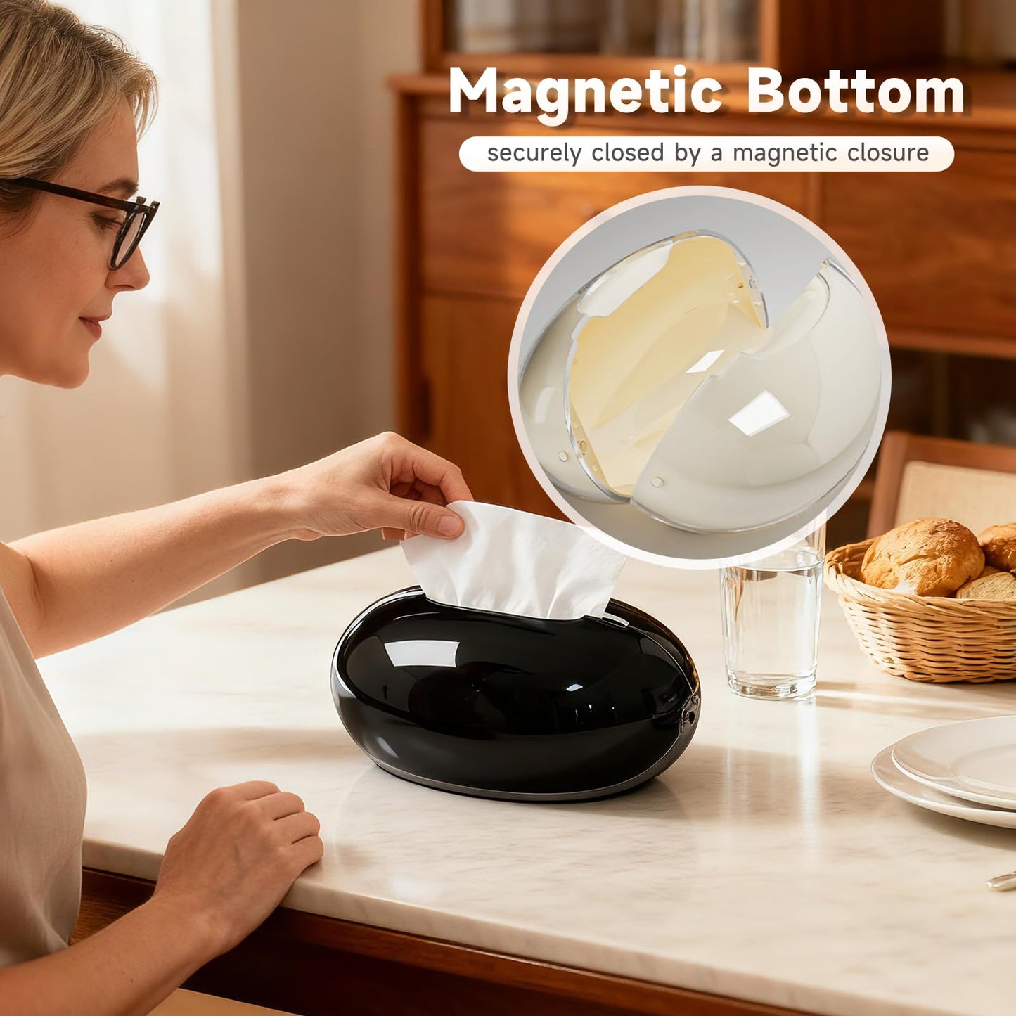 Acrylic Tissue Box Cover, Large Round Design with Non-Slip Base, Beige Decorative Holder for Bathroom, Living Room, Office (Black)