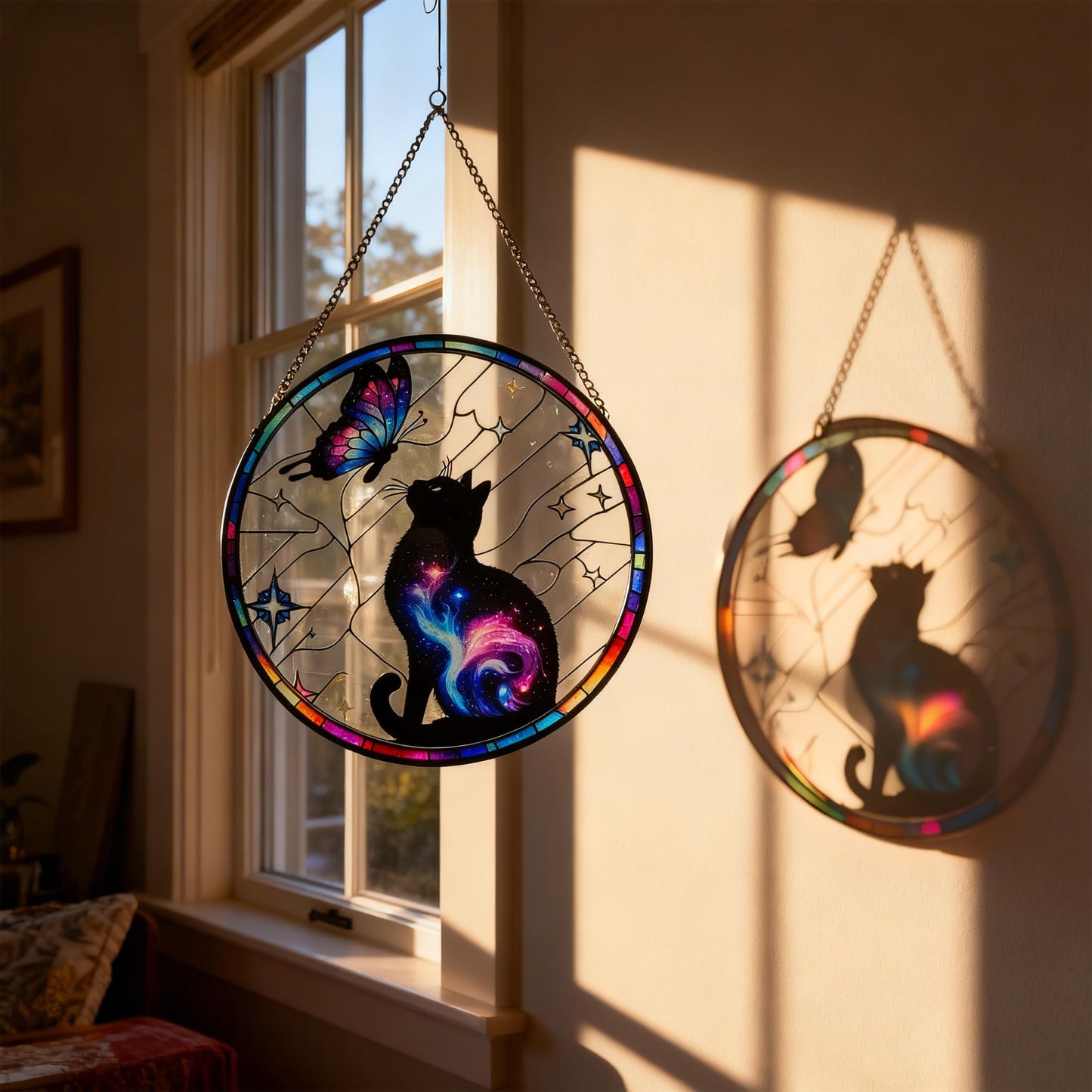 ZUSANG Black Cat Stained Glass Window Hanging, 9.8'' Black Cat & Butterfly with Nebula Design Suncatcher Indoor Outdoor Home Decor for Cats Lovers, Gift for Halloween