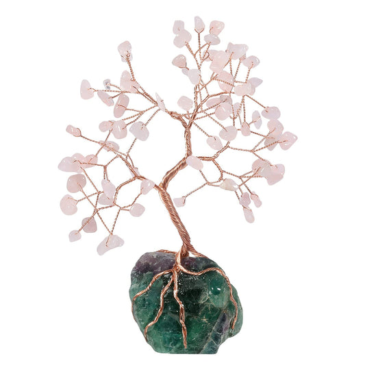 TUMBEELLUWA Natural Crystal Chip Stones Money Tree for Feng Shui Decor, Copper Wire Stone Bonsai Tree Figurine with Irregular Fluorite Stone Base, Rose Quartz