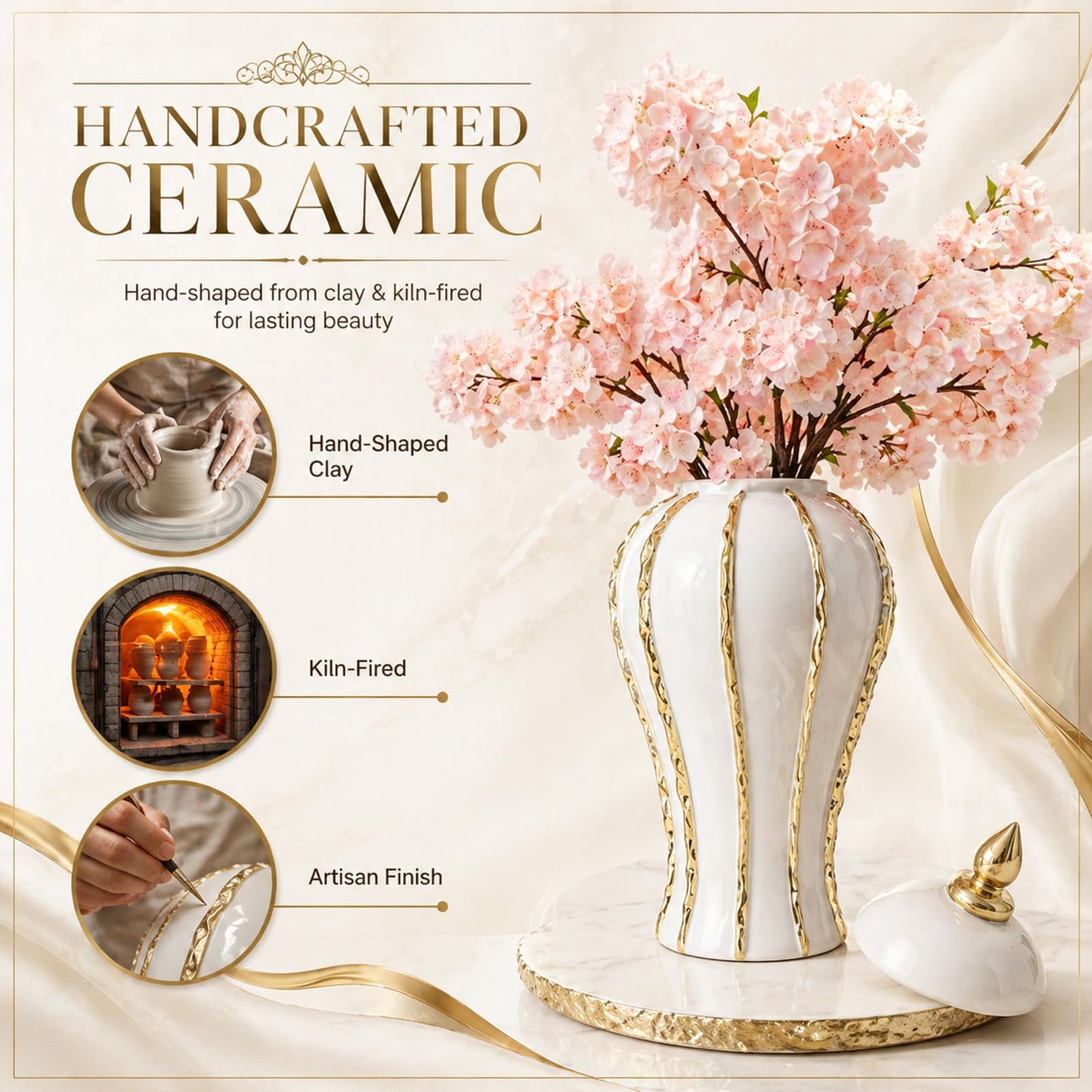 18 Inch White Gold Ginger Jar, Ceramic Decorative Vase