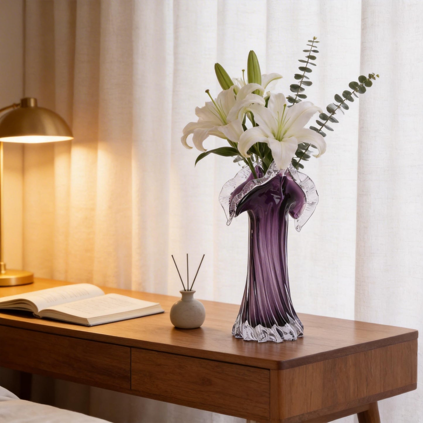 Ruffled Glass Vase Hand Blown Abstract Bubble Glass Flower Vase for Home Decor Living Room Dining Room Bedroom Shelf Mantel Tabletop Centerpiece Display Unique Art Gift