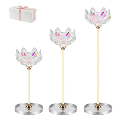 3pcs Crystal Candle Holders, Lotus Flower Candlestick Holders with Mirror Base, Metal Stand, Elegant Table Centerpieces for Home Decor, Wedding, Party (Taper Candle)