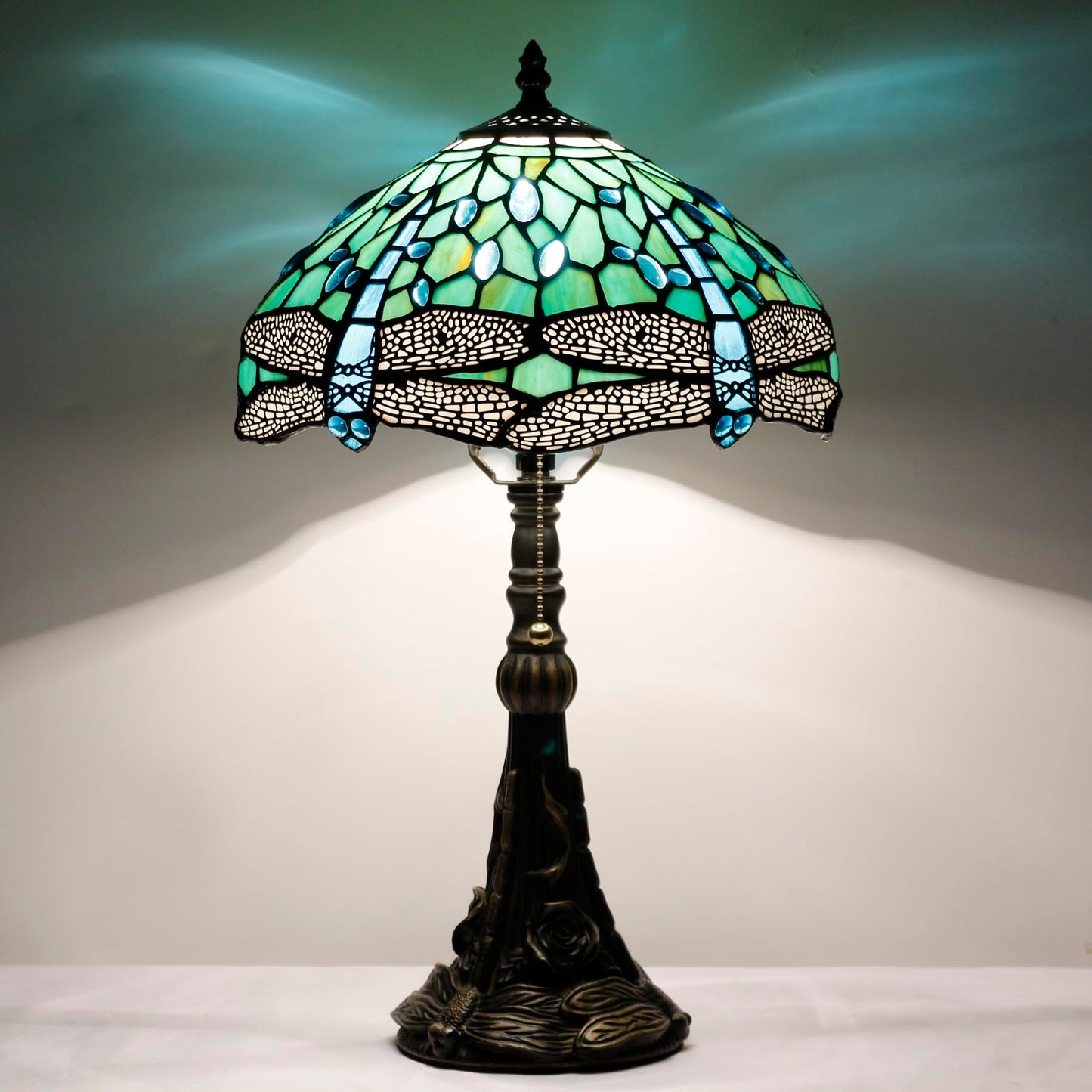 ANYONGLU Tiffany Lamp Stained Glass Table Lamp 12X12X19 Inch Resin Base for Desk Bedroom Living Room Reading Light (Green Dragonfly)