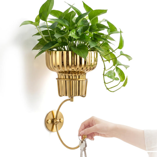 MAUYAR Hanging Plant Wall Vessel for Flowers with Hook, Indoor Outdoor Boho Bathroom Decor Wall Art Planter Mounted Vase (Gold)