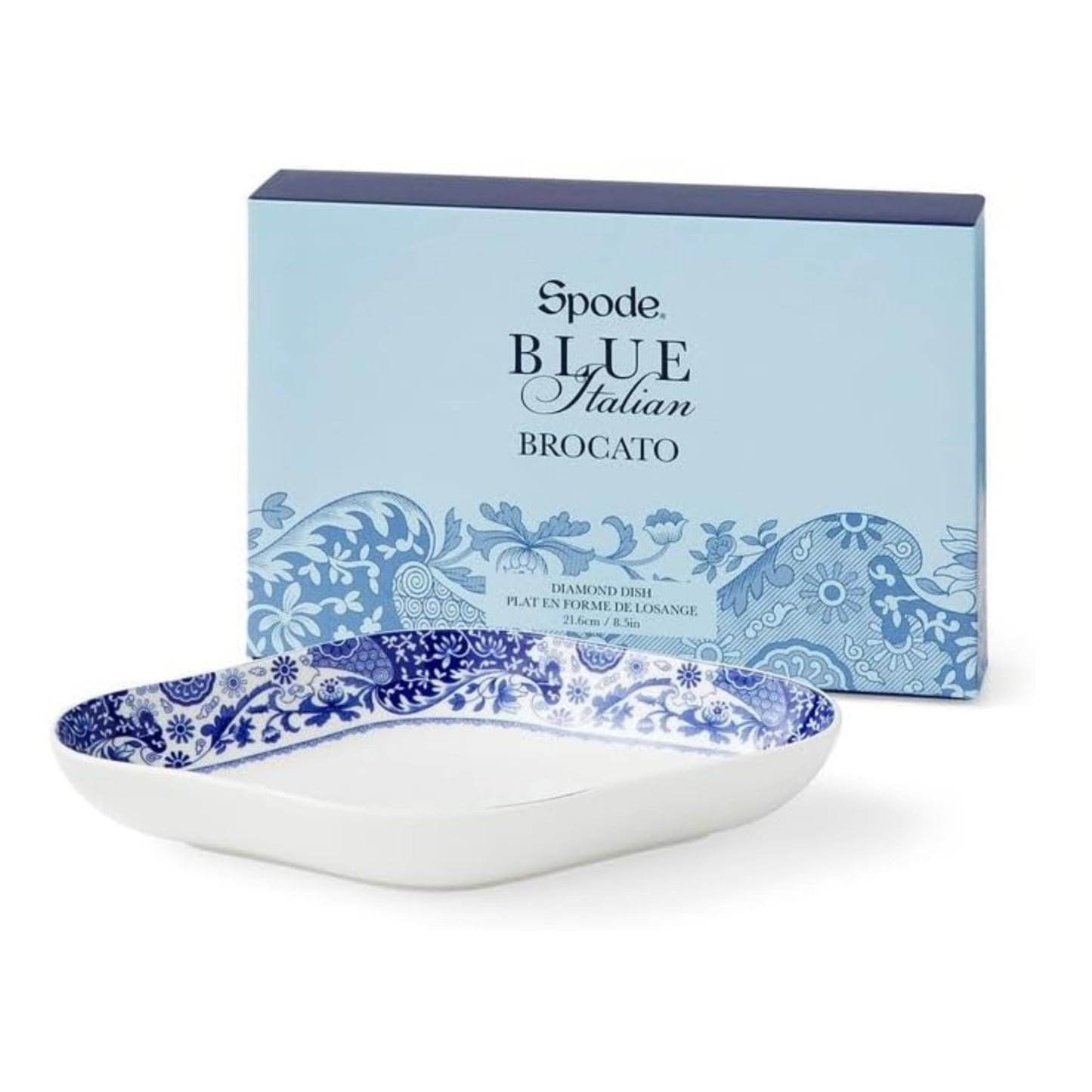 Spode Blue Italian Brocato Diamond Dish - 8.5-Inch Porcelain Serving Piece, Decorative Table Dish for Salads, Appetizers, Pasta, Desserts - Housewarming Gift