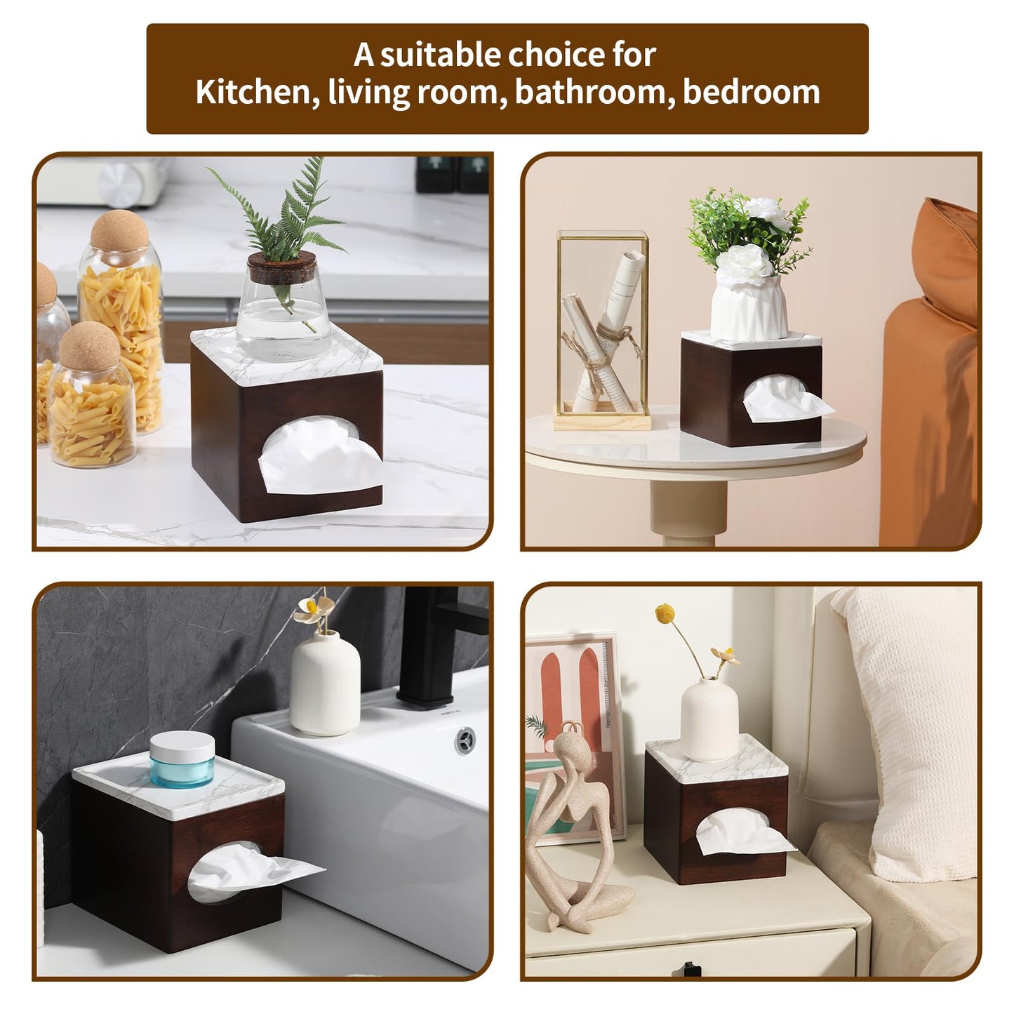 Tissue Box Cover Marble top (Dark) Tissue Cover for Bathroom Tissue Box Cover Cube for Home Office Table Counter Square Marble top Tissue Holder with stoarge Tray