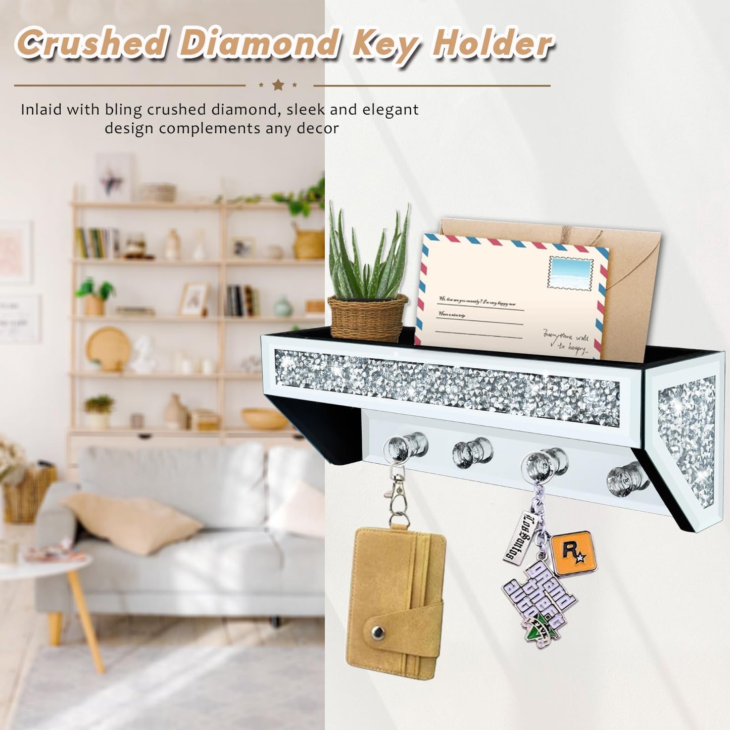 Crushed Diamond Wall Key Holder with Shelf, Crystal Mirror Wall Mounted Key Holder with Shelf for Entryway and Home Decor