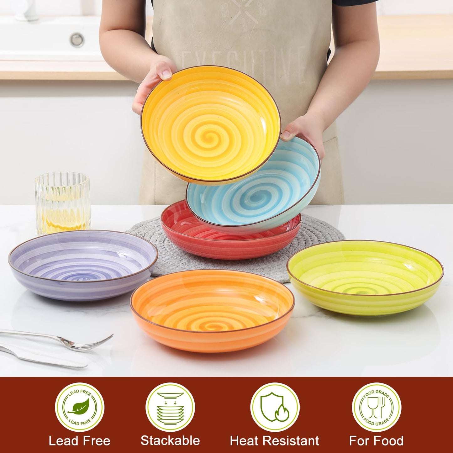 KitchenTour Pasta Bowls, Ceramic Salad Bowls Serving Bowl Set 26 oz, 8 Inch Colorful Porcelain Wide and Shallow Bowls Set - Dishwasher and Microwave Safe - Set of 6