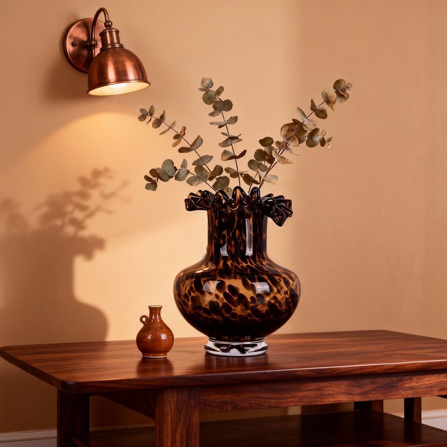 Amber Glass Vase – Tortoise Shell Design, Elegant Home Décor, Unique Centerpiece for Living Room, Office, Wedding Gifts, Art Glass Vase, Round Decorative Vase, Tortoise Shell Home Décor (S)