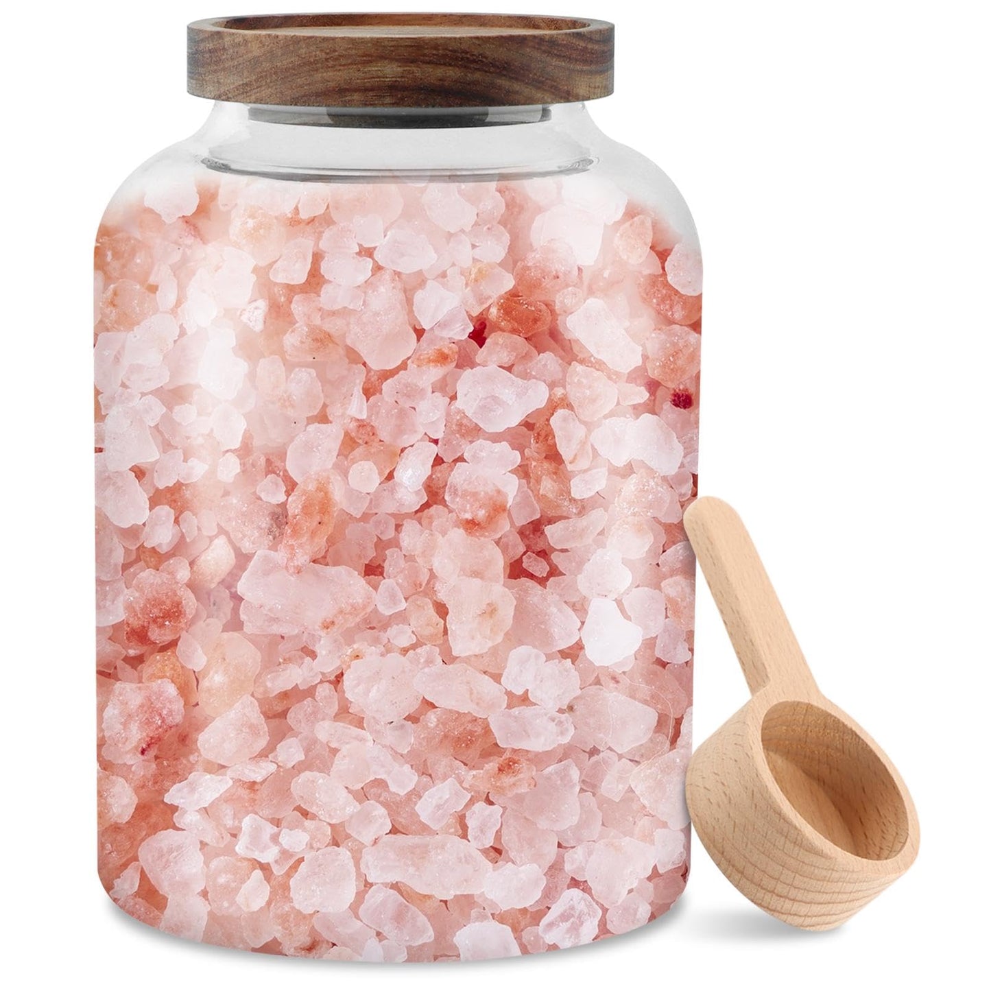 Kazheon 74 oz Bath Salt Container,Glass Bath Salts Jar with Wooden Lid and Scoop,Bathroom Organizers and Storage for Bath Flour Salt Candy Tea