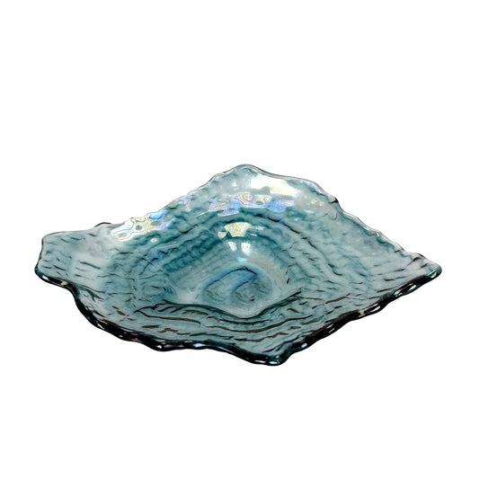 Things2Die4 Oyster Shaped Decorative Plate, 10 X 7.5 Inch Iridescent Sea Blue Glass Accent Dish for Coastal Table Decor, Freeform Wavy Shell Design for Entryway or Living Room