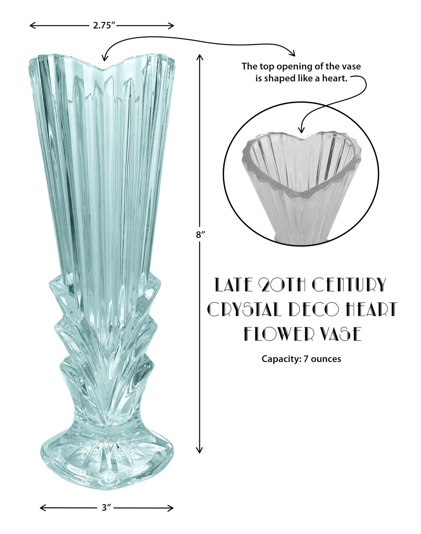 Crystal Deco Heart Flower Vase, Late 20th Century Style, 8 Inch Height, 7 Ounce Capacity, Clear Glass with Vertical Ridges