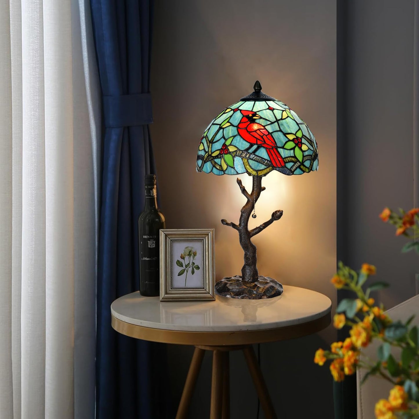 HomeBeauty TL0035 Tiffany Style Stained Glass Table Lamp, Cardinal Bird Desk Lamp with Branch Base, W 12" x OH 21", Great for Home Decor & Night Lighting, LED Bulb Included (Red Cardinal)
