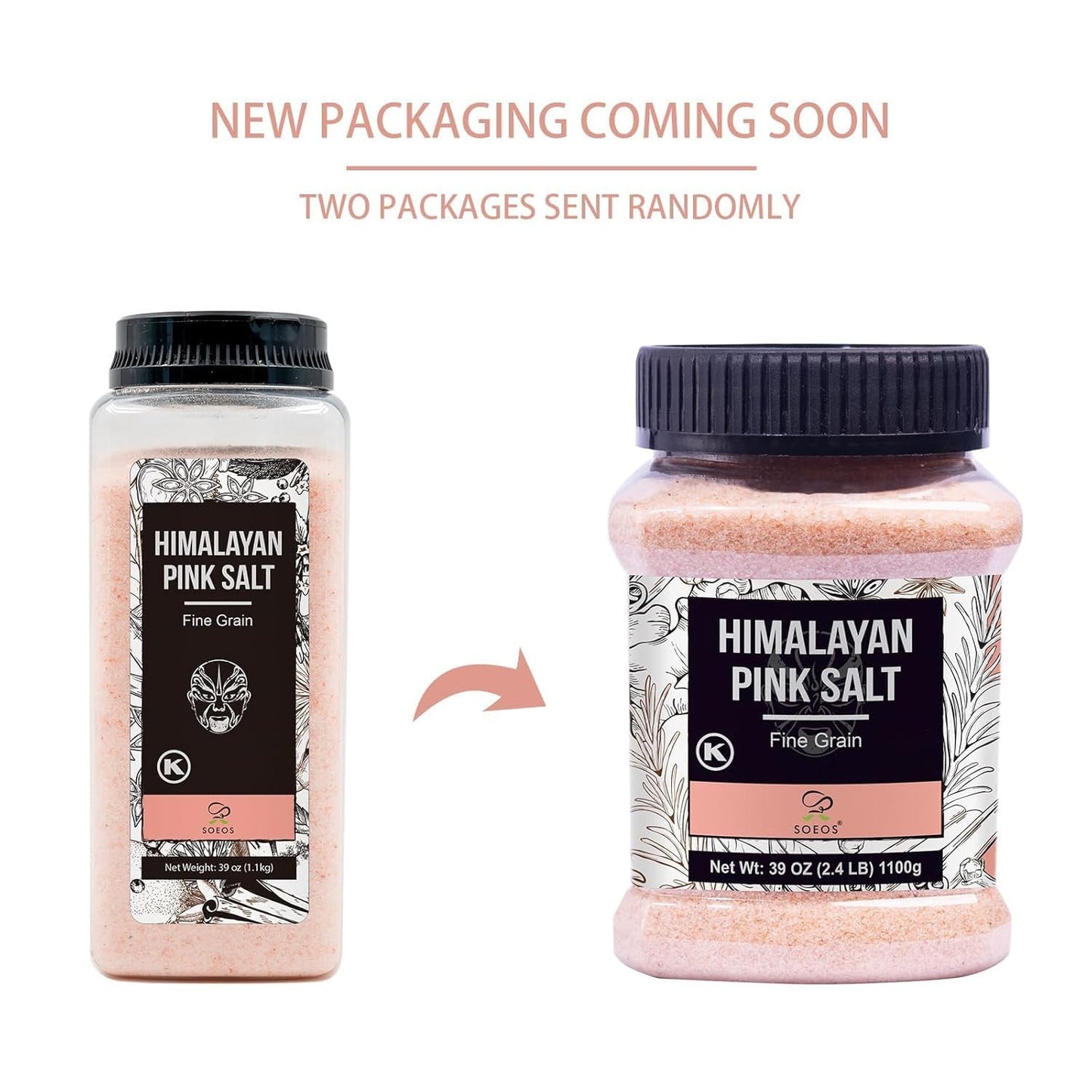 Soeos Himalayan Pink Salt,Fine Grain,39oz (2.4 LB),Non-GMO Himalayan Salt,Kosher-Salt,Pink-Himalayan Sea-Salt,(Pack of 2)