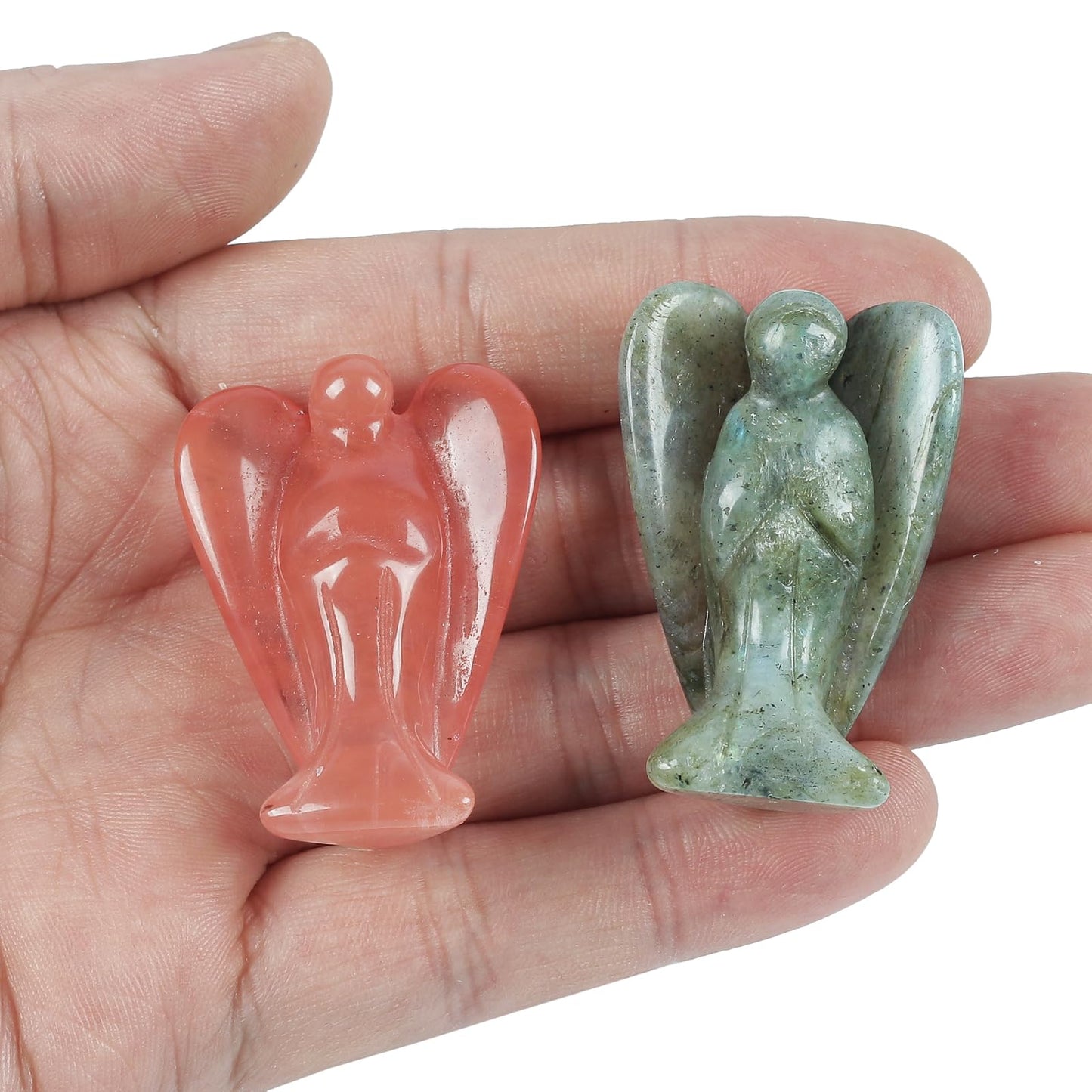Loveliome Mini Crystal Angel, 2 Pcs Pocket Carved Gemstone Guardian Figurines Healing Statue Home Decor 1.5 inch, Cherry Quartz+Moonstones