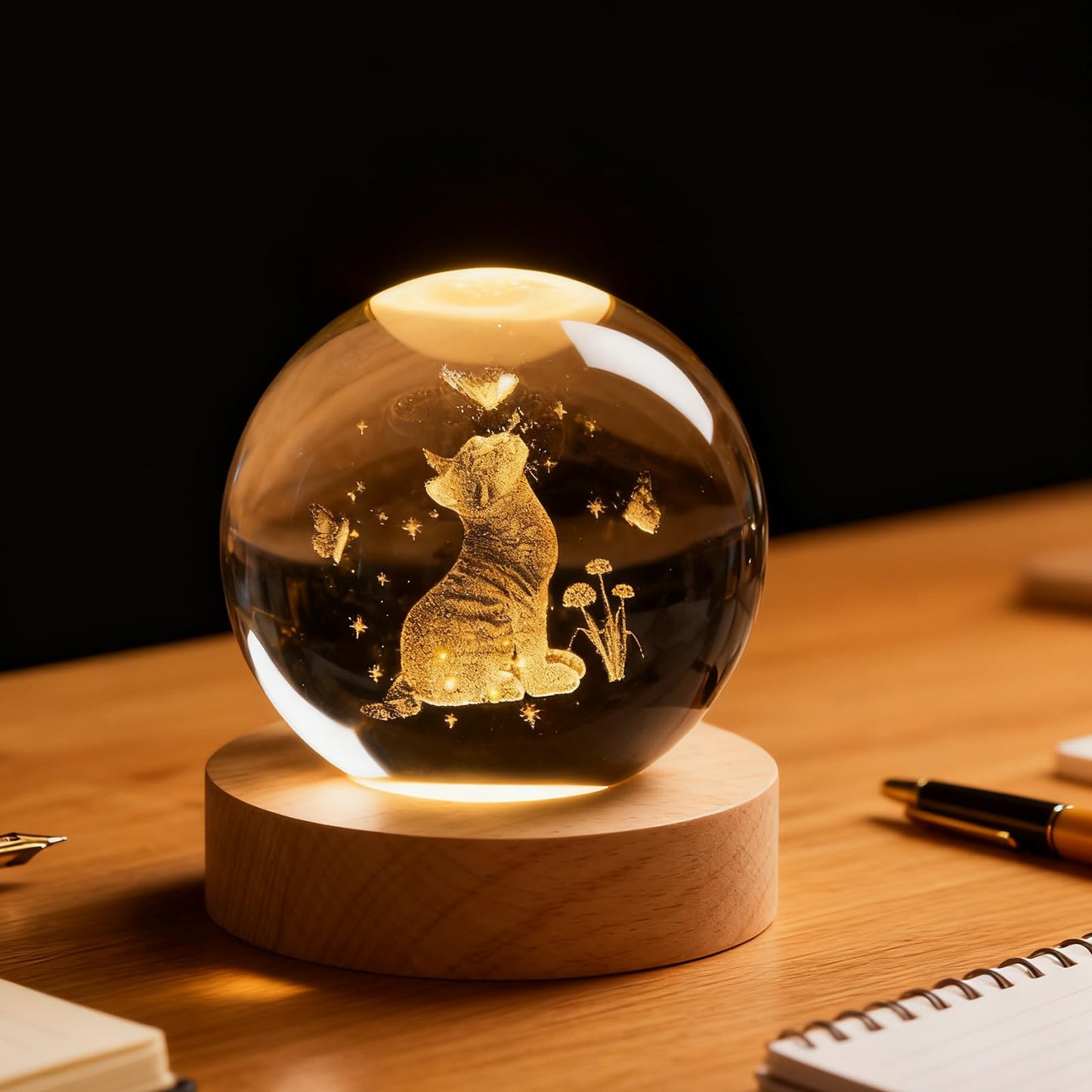 3D Cats Butterfly Crystal Ball, 3D Laser Engraved Decorative Flowers Crystal Ball Glass Sphere Home Decor Gifts Light for Mom Women Girls Cat Lovers, Presents Decor Crystal Sphere Memorial Gifts