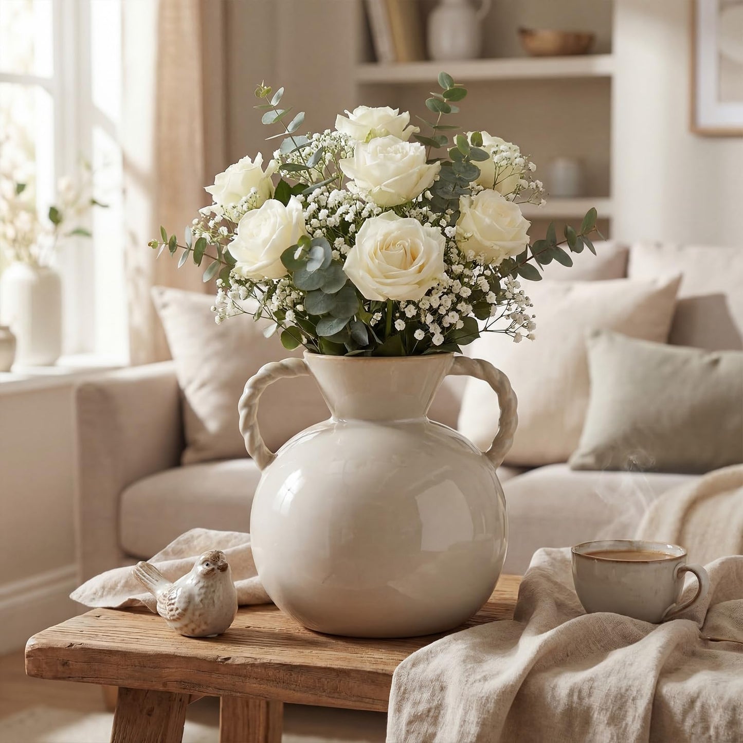 Teecyhooo Rustic Home Decor Vase 9.25 Inch Beige Stoneware Flower Vase with 2 Twisted Handles for Table Centerpiece Mantel Ornaments Decoration
