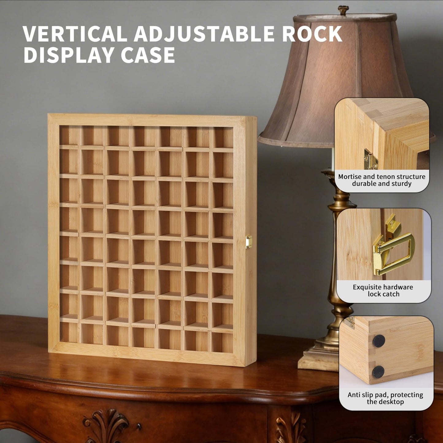 AUTOARK Adjustable Rock Display Case with 56 Compartments,Bamboo Wood Large Rock Collection Box for Crystals Minerals Stones Storage and Display,Large,AHK-064