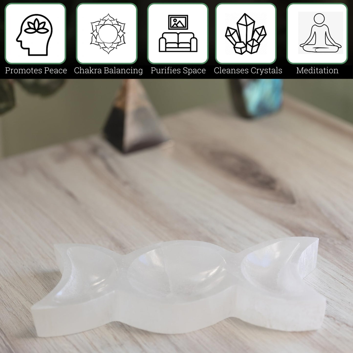 Wish Well Selenite Triple Moon Bowl – Large 7.50” Selenite Crystal Bowl – Mined & Crafted in Morocco – Ideal for Cleansing & Recharging Healing Stones, Meditation, & Crystal Spiritual Decor
