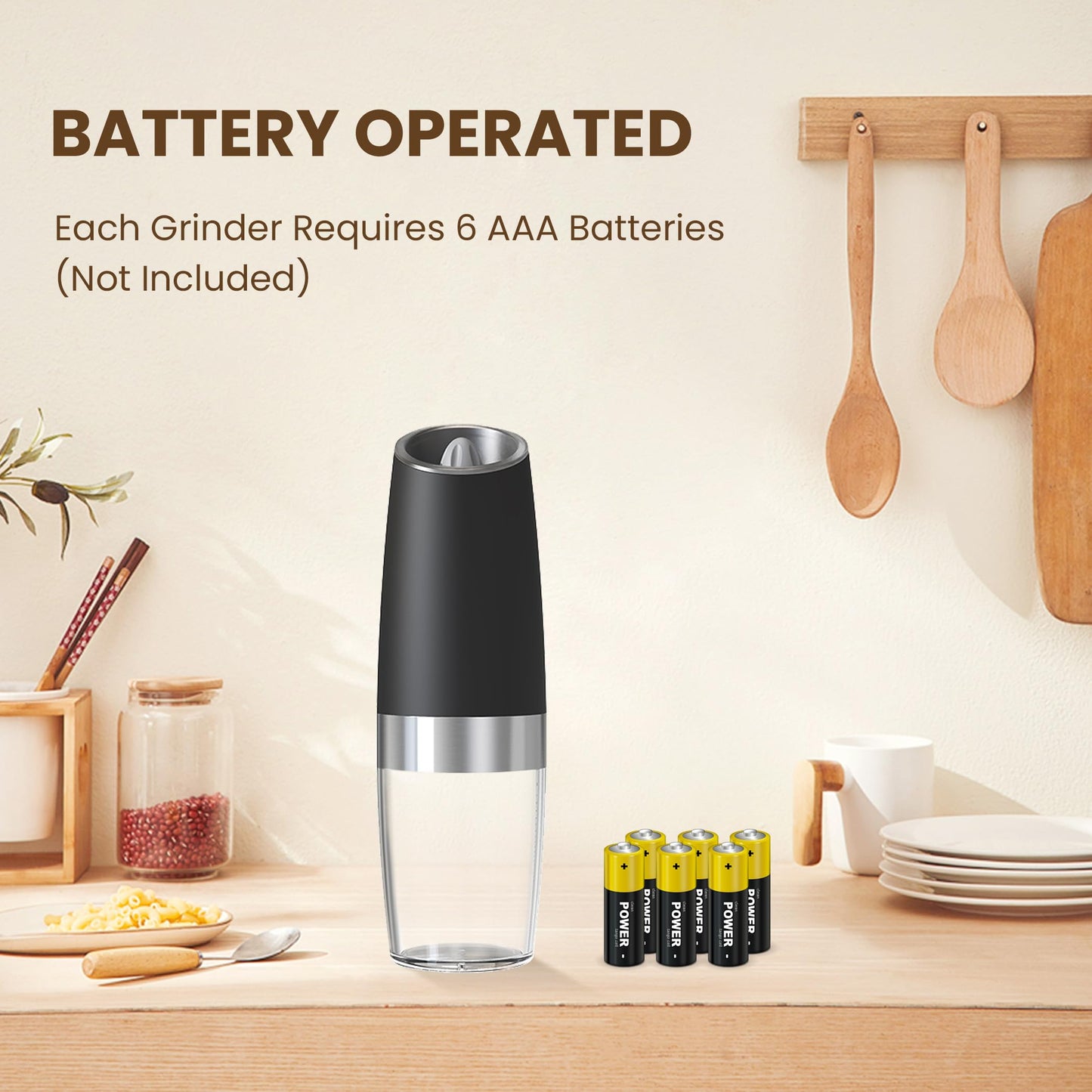 KIARYUOLL Gravity Electric Salt And Pepper Grinder Set, Automatic Salt And Pepper Grinder Set, Battery Powered (6 AAA Batteries Each), Adjustable Roughness, LED Light, 2 Pack, (Black)