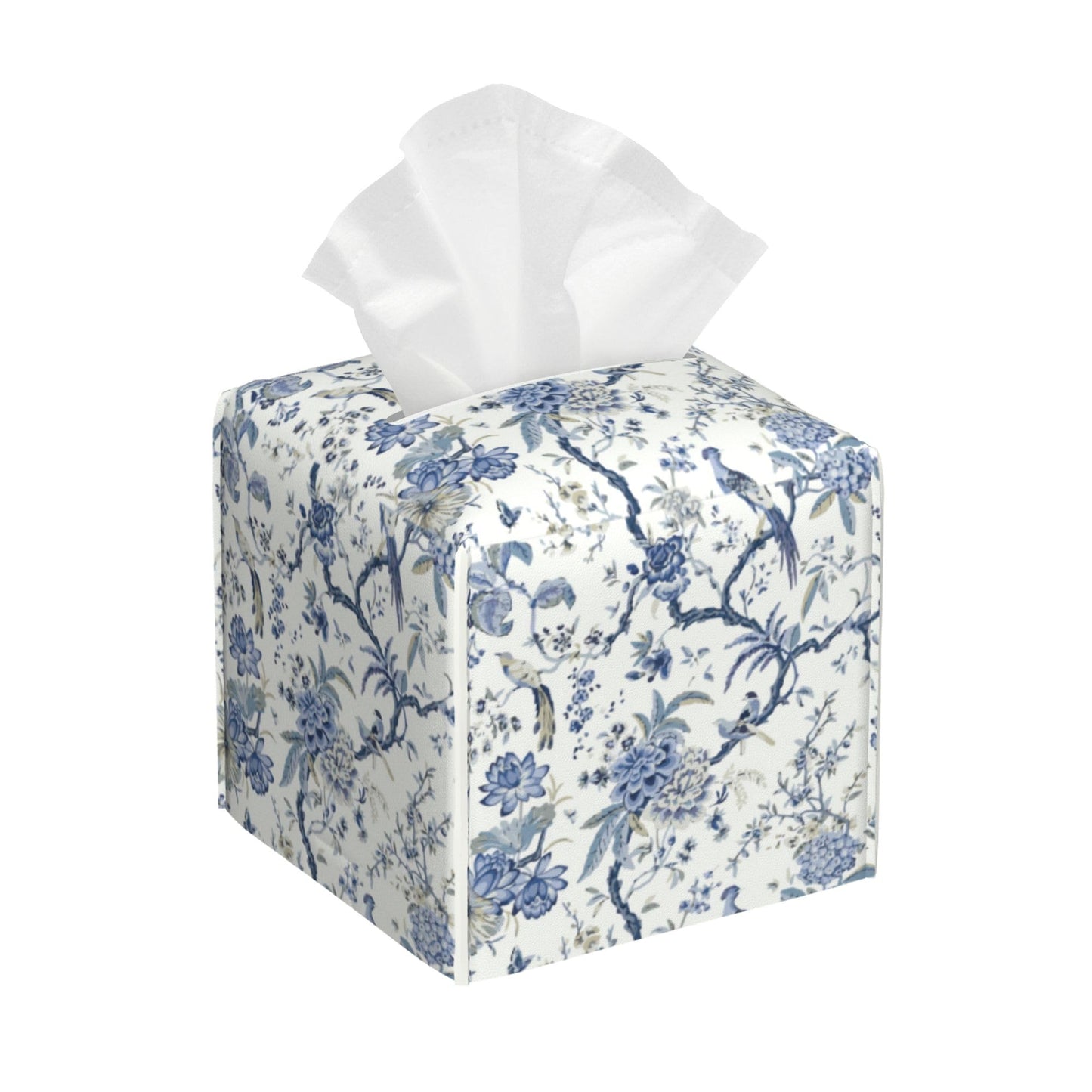POIUBLE Blue Flower and Bird Tissue Box Cover Leather Tissue Box Holder Square Facial Paper Organizer Dispenser for Bathroom Kitchen Bedroom Vanity Countertop Night Stands