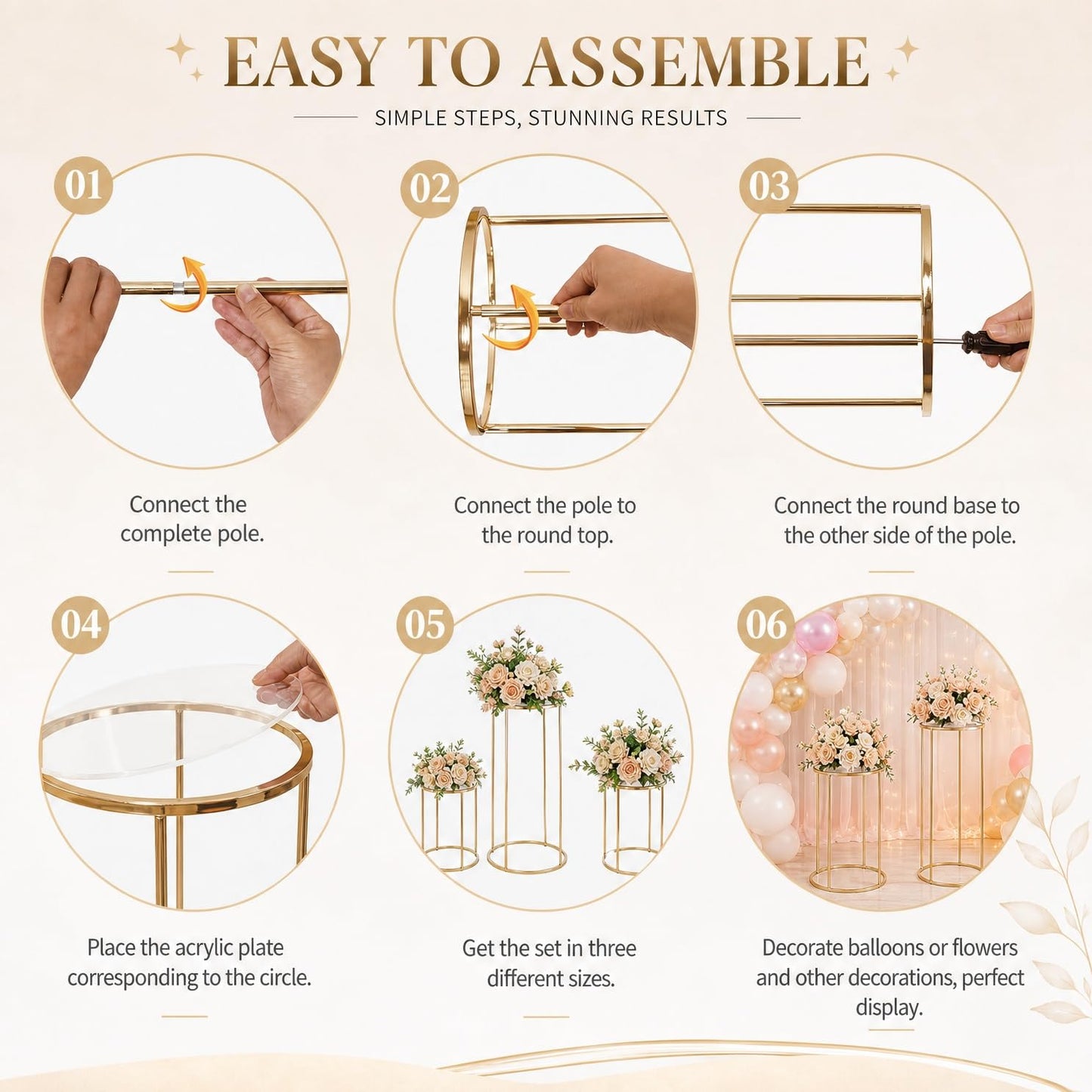 Hafyow 3PCS Round Cylinder Pedestal Stands Set, Gold Metal Display Columns with Removable Acrylic Tops, Sturdy Iron Nesting Risers for Wedding Party Dessert Table, Floral Vases and Event Decor (23.6", 31.5", 39.3" Heights)
