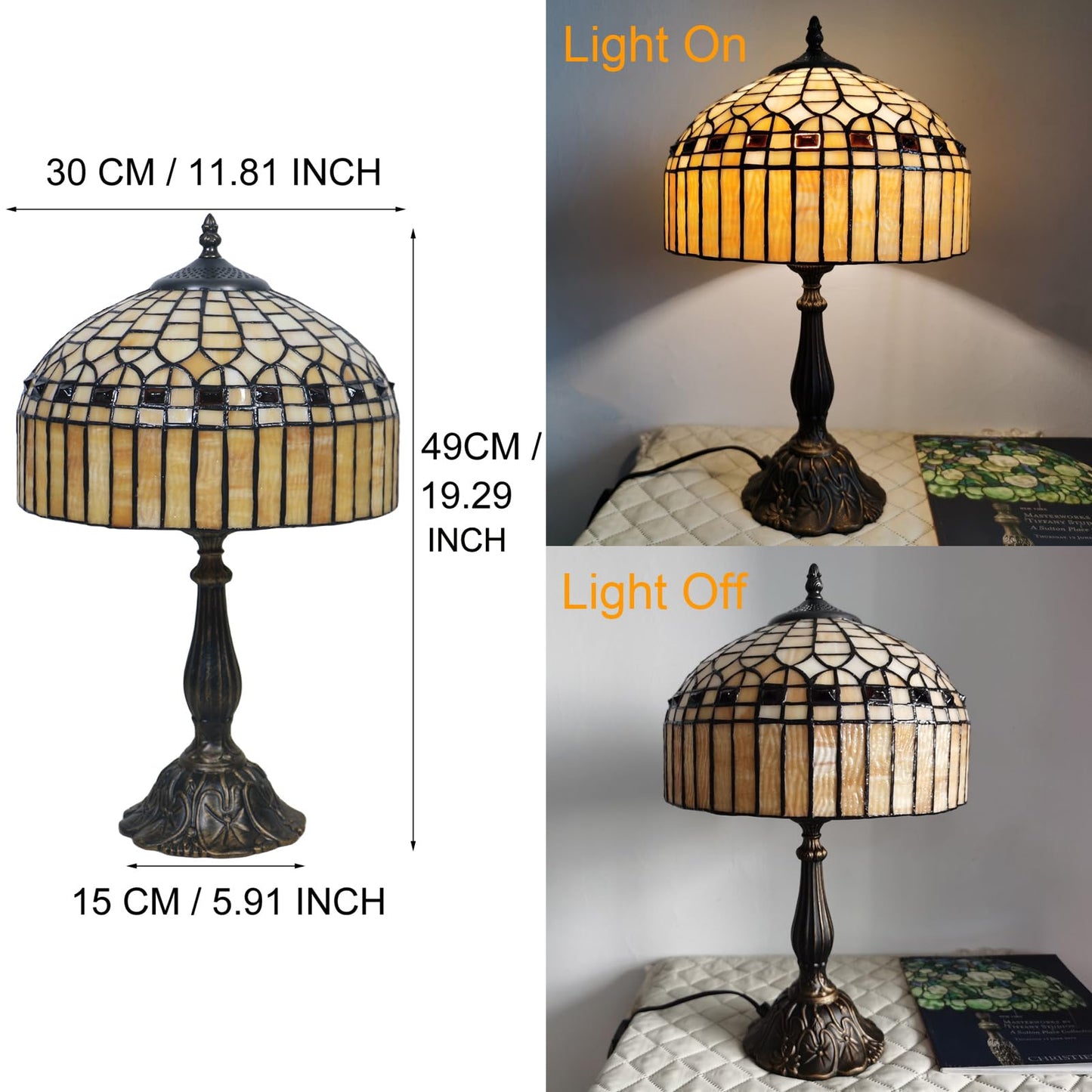 tuomoxte Tiffany Table Lamp, Gold Stripe Stained Glass Shade Bedside Table Lamps,Hand-Made Antique Nightstand Lamp for Bedroom Living Room Home Office+E26 LED Bulb,12X12X19 Inches
