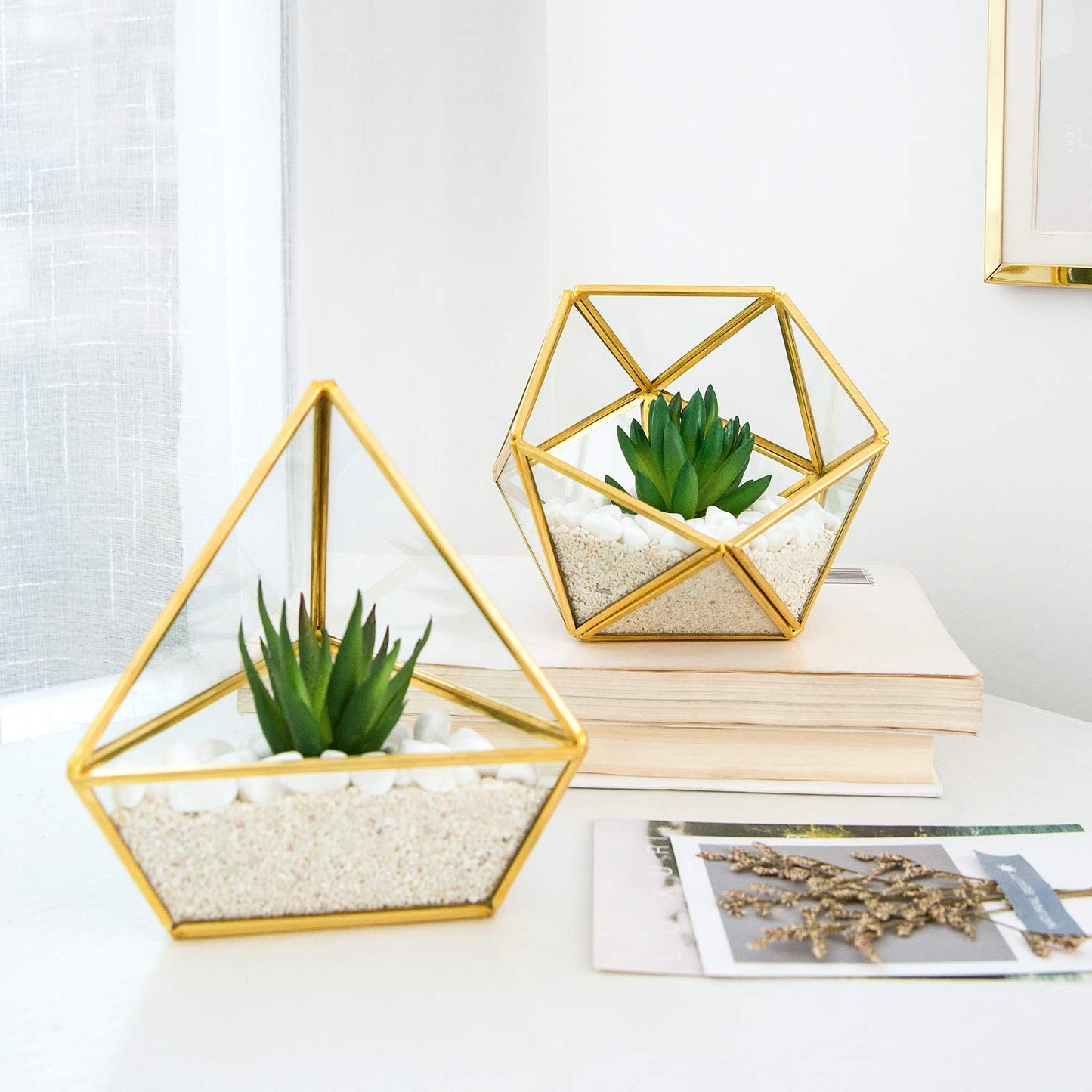 Mkono Artificial Succulent in 3 Pack Mini Glass Geometric Terrarium and Set of 3 Mini Potted Artificial Plants Faux Tabletop Greenery in Decorative Galvanized Metal Pots