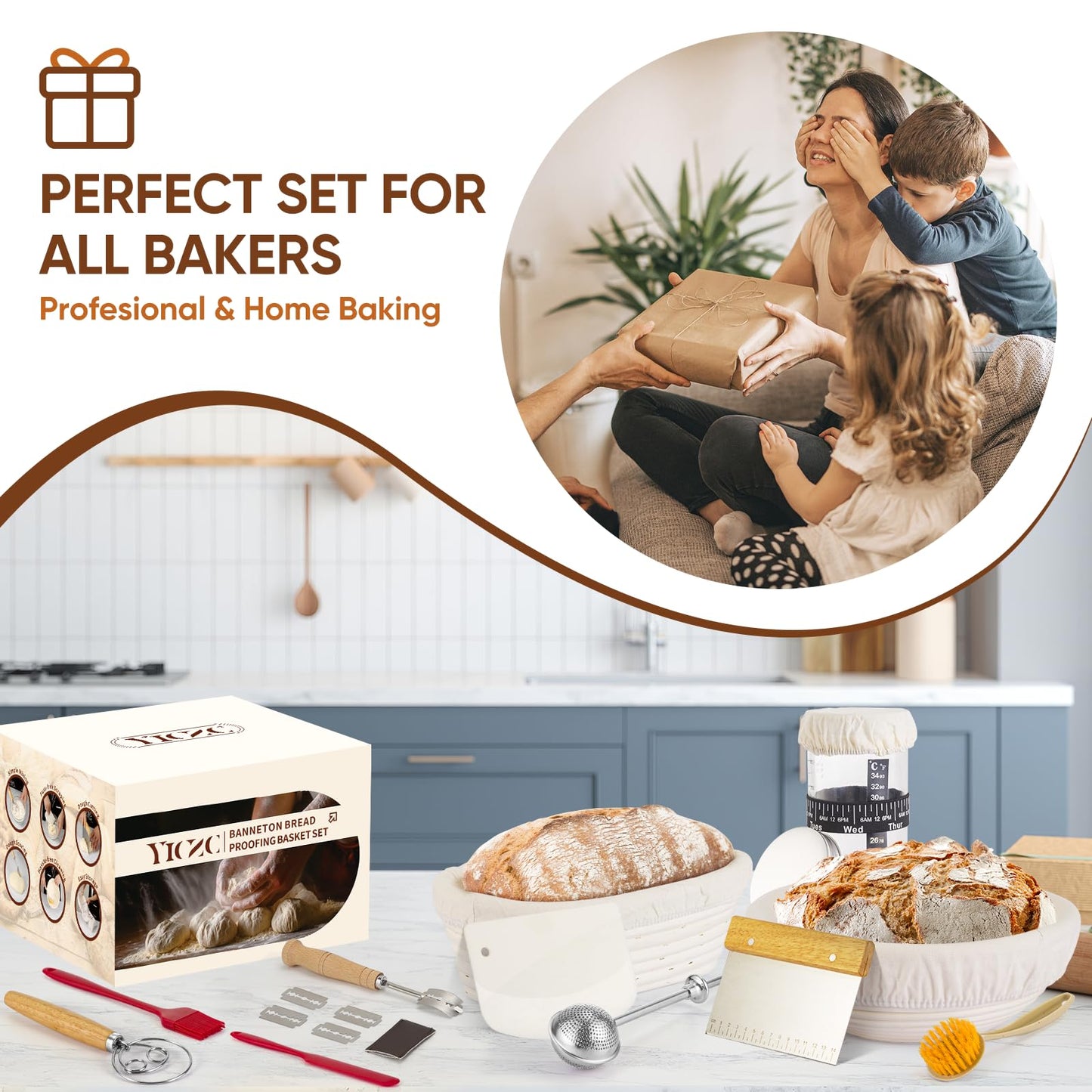 Yiczc Sourdough Starter Kit with Round 9" & Oval 10" Banneton Bread Proofing Baskets, Starter Jar, Dough Whisk, Scraper & Bread Sling, Complete Sourdough Bread Baking Supplies Gift Set for Home Bakers